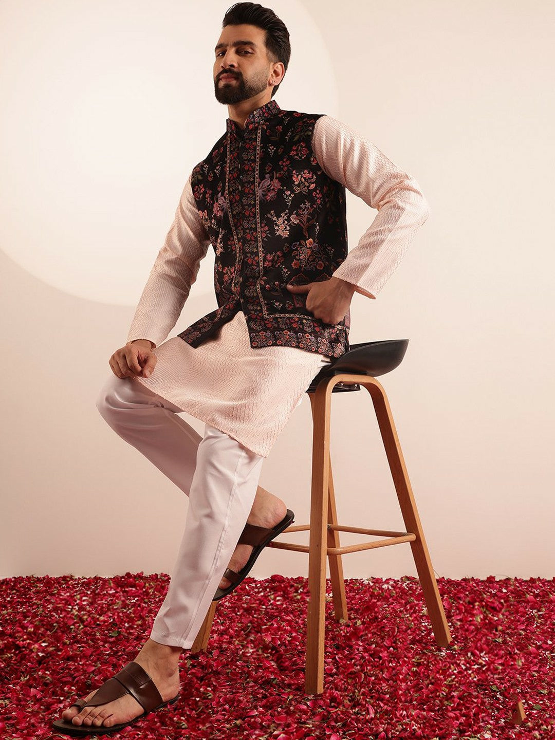 Men’s Geometric Embroidered Kurta Set with Pyjama & Nehru Jacket – Contemporary Ethnic Elegance