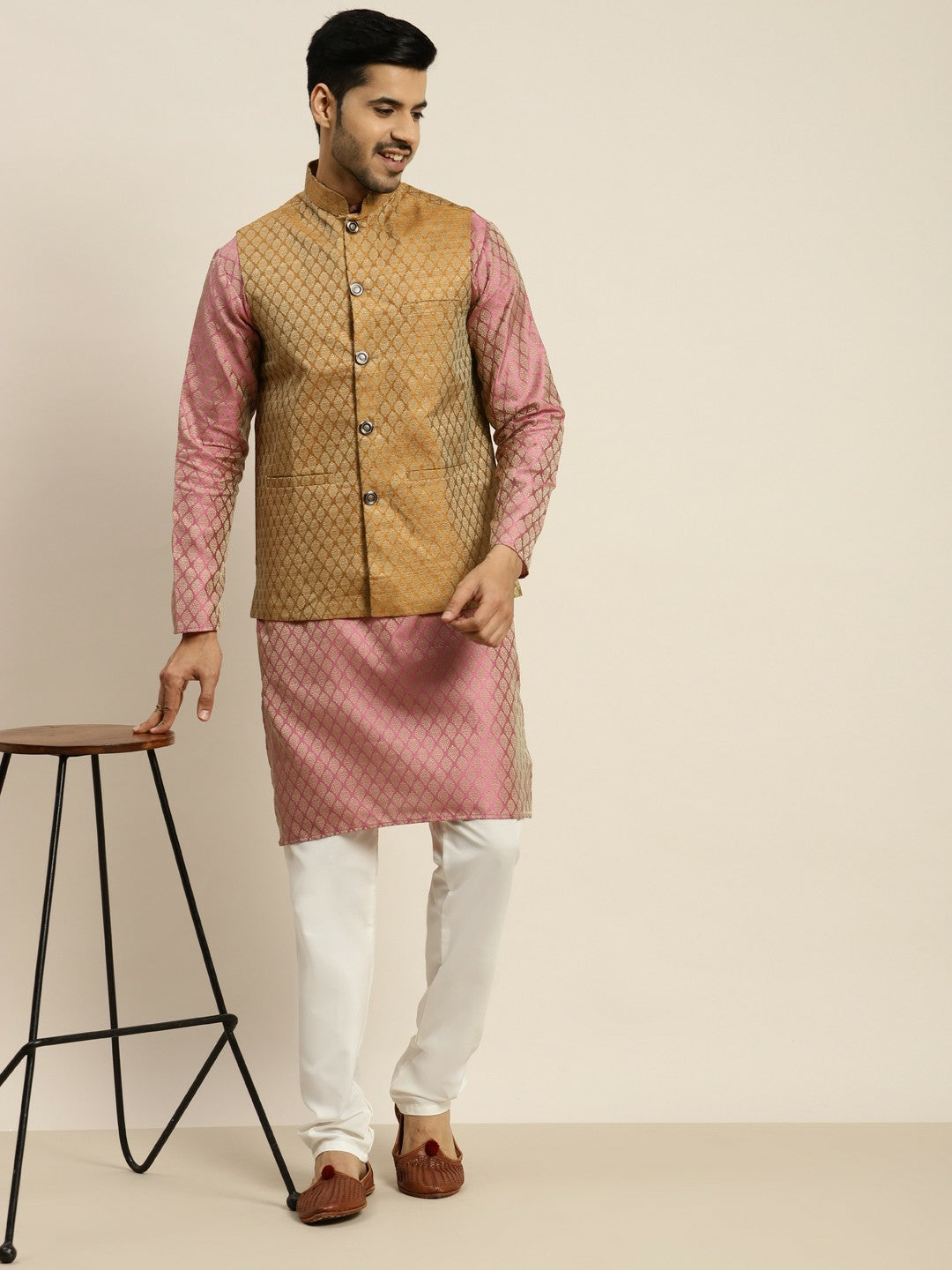 Graceful Pink Festive Kurta Set for Men with Cotton Pyjamas & Textured Jacket | Indiaista
