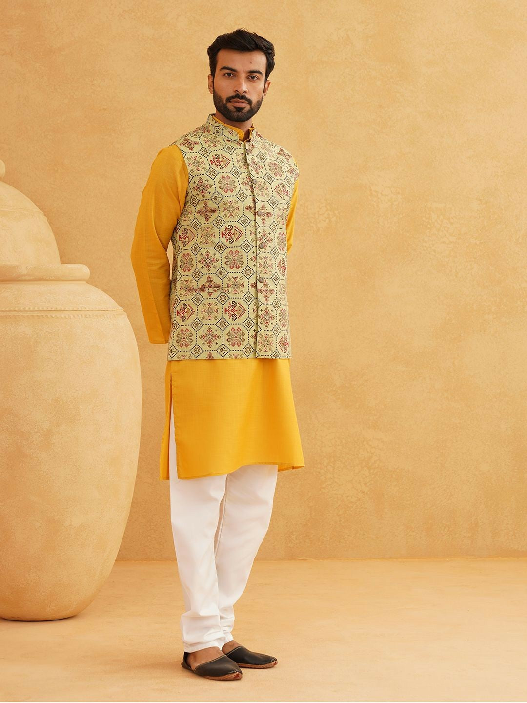 Men’s Band Collar Kurta Set with Churidar & Nehru Jacket – Timeless Ethnic Ensemble