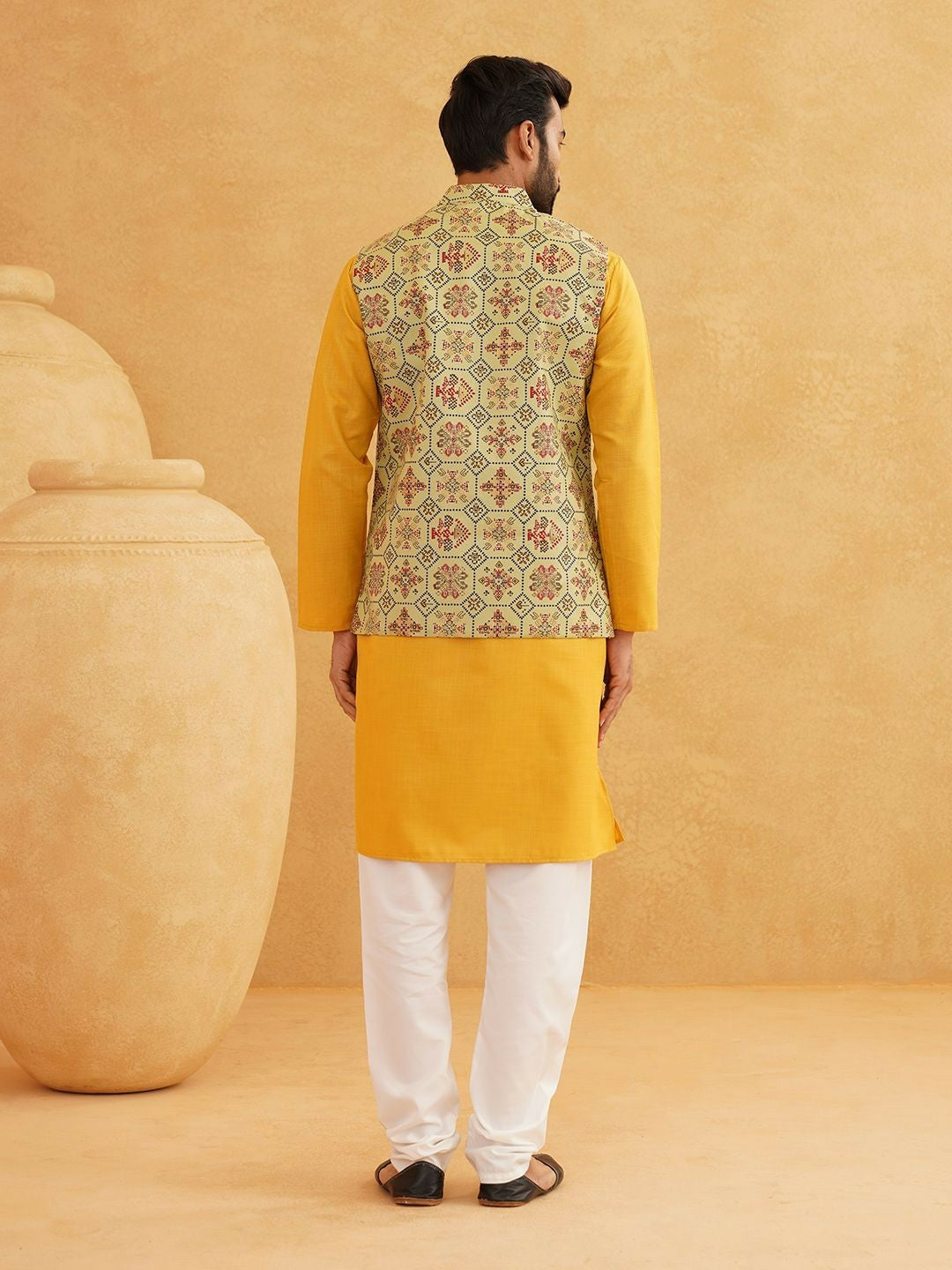 Men’s Band Collar Kurta Set with Churidar & Nehru Jacket – Timeless Ethnic Ensemble