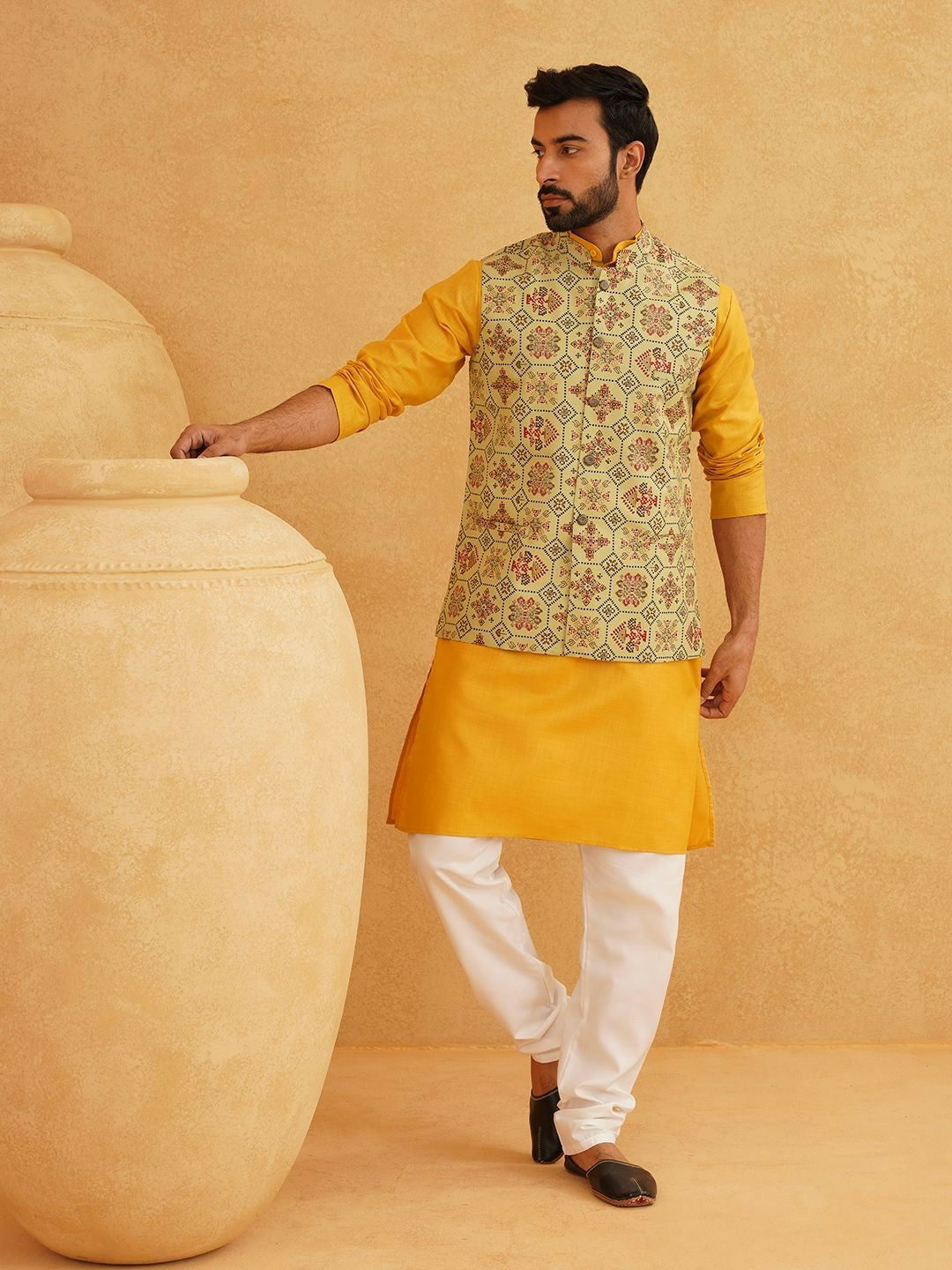 Men’s Band Collar Kurta Set with Churidar & Nehru Jacket – Timeless Ethnic Ensemble