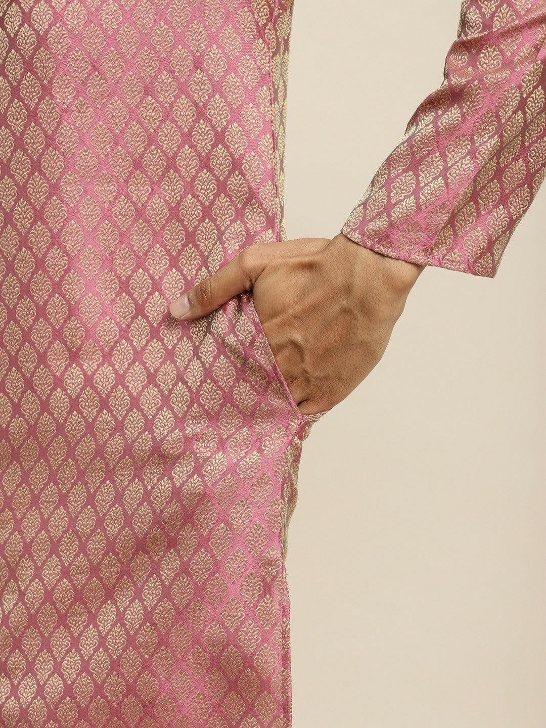 Graceful Pink Festive Kurta Set for Men with Cotton Pyjamas & Textured Jacket | Indiaista