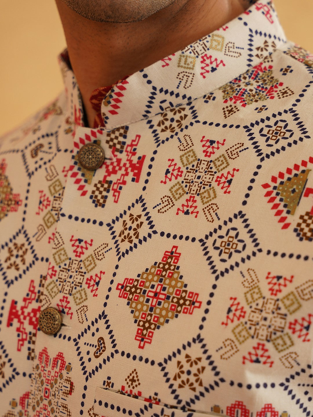 Men’s Floral Printed Kurta Set with Pyjamas & Nehru Jacket – Elegant Ethnic Attire