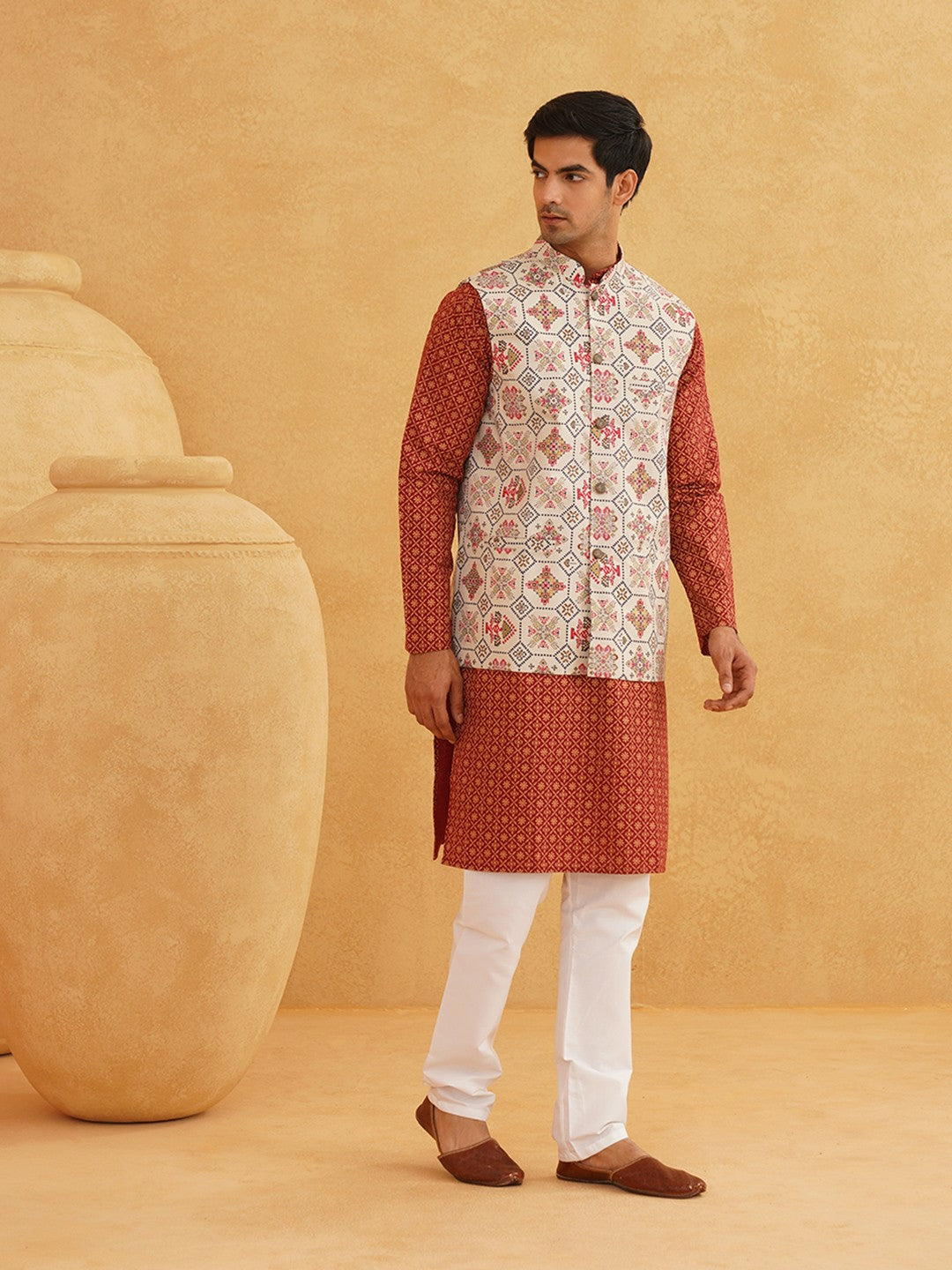 Men’s Floral Printed Kurta Set with Pyjamas & Nehru Jacket – Elegant Ethnic Attire