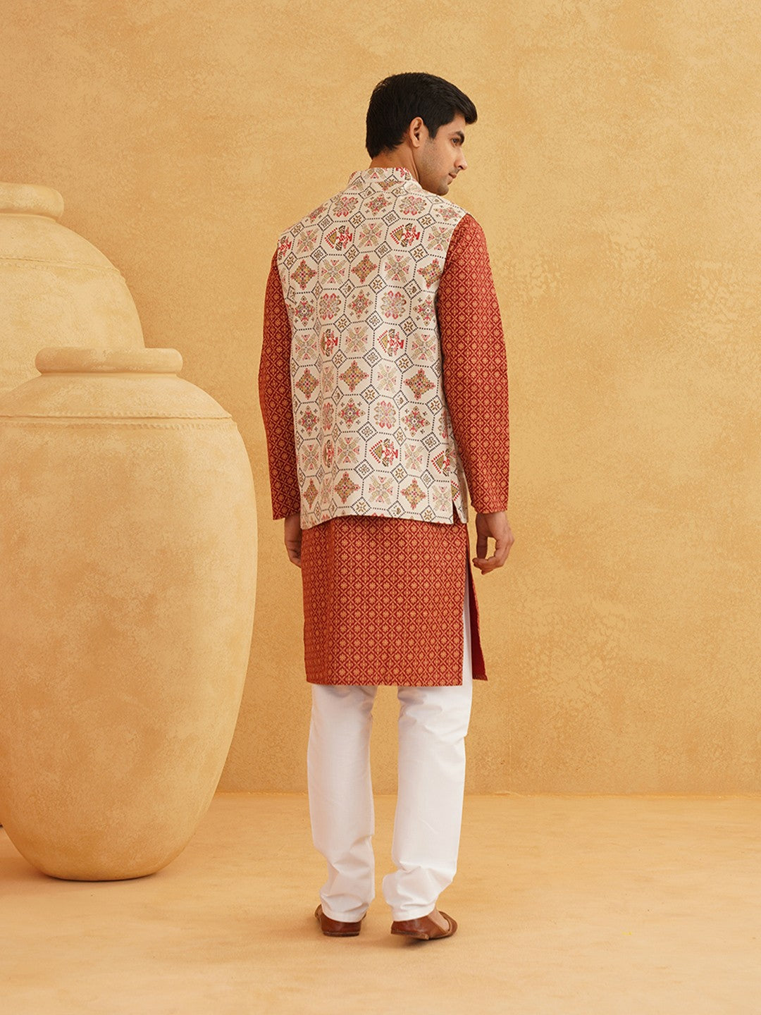 Men’s Floral Printed Kurta Set with Pyjamas & Nehru Jacket – Elegant Ethnic Attire