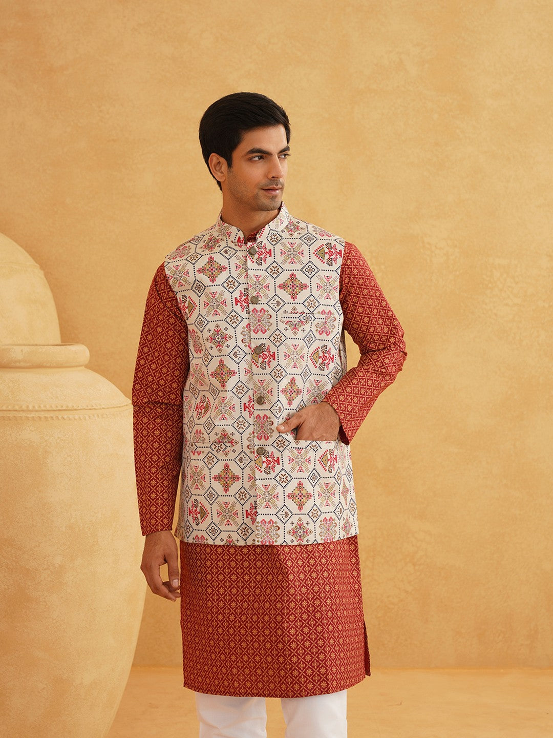 Men’s Floral Printed Kurta Set with Pyjamas & Nehru Jacket – Elegant Ethnic Attire