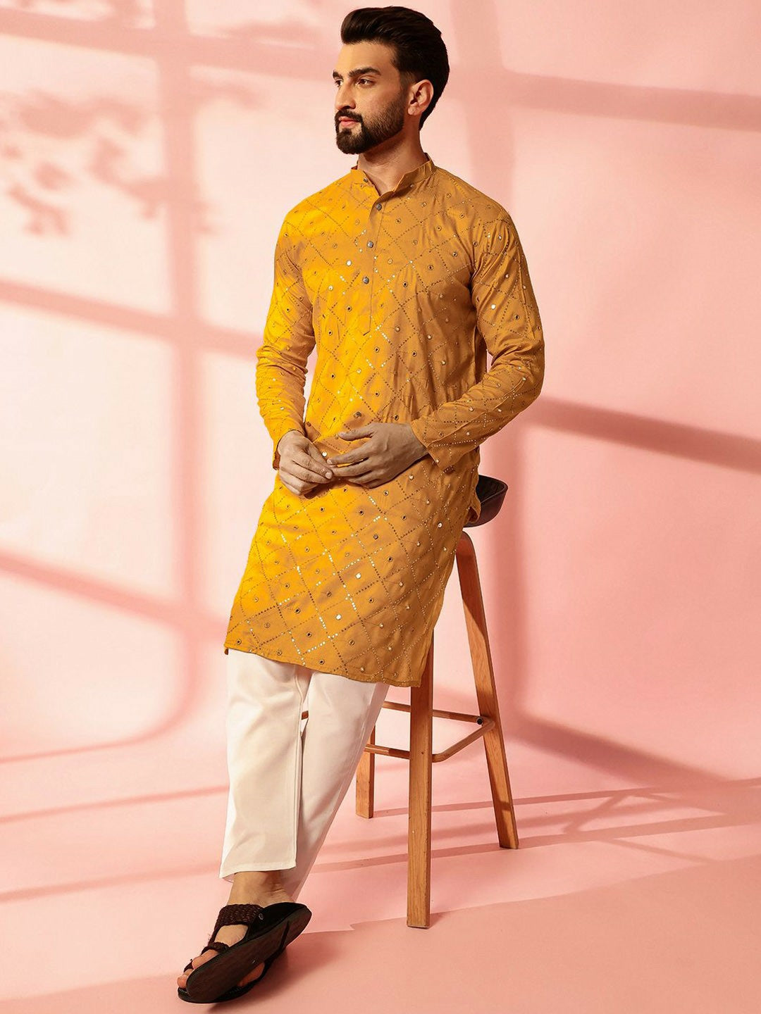 Men’s Mustard Yellow Mirror Work Embroidered Kurta Pyjama Set – Pure Cotton