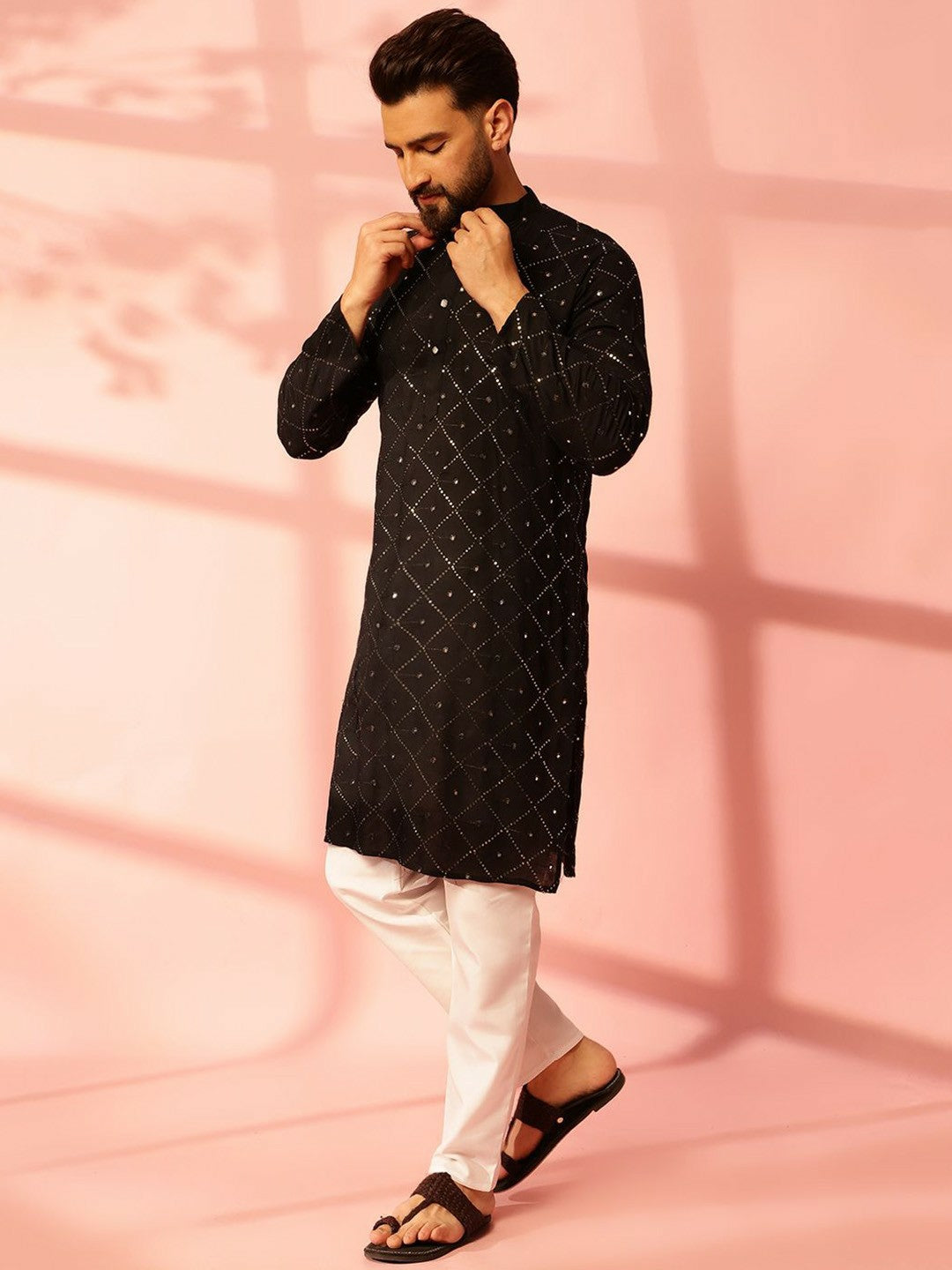 Men’s Black Mirror Work Embroidered Kurta Pyjama Set – 100% Pure Cotton
