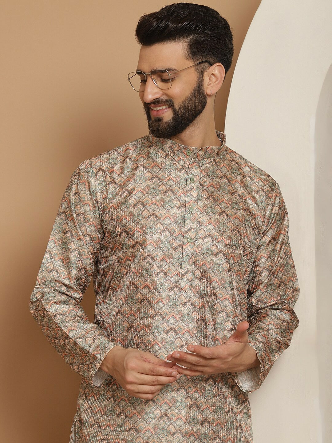 Men’s Beige Ethnic Motif Kurta Churidar Set – Jacquard Silk Blend