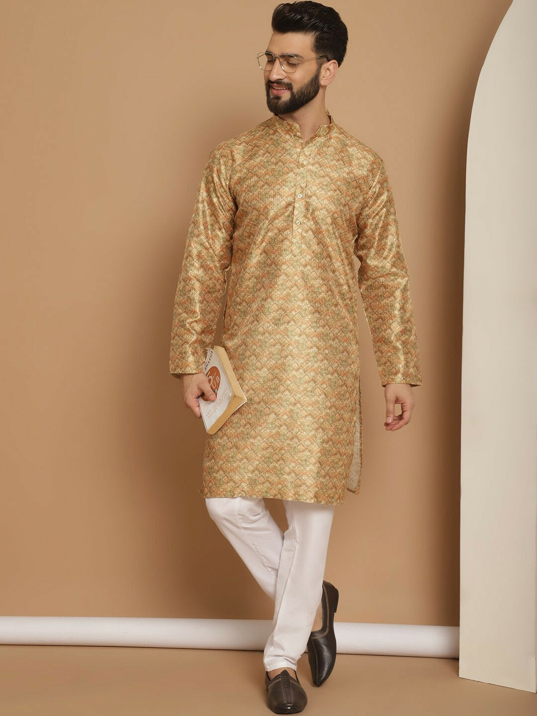 Men’s Mustard Yellow Printed Kurta with Churidar | Indiaista