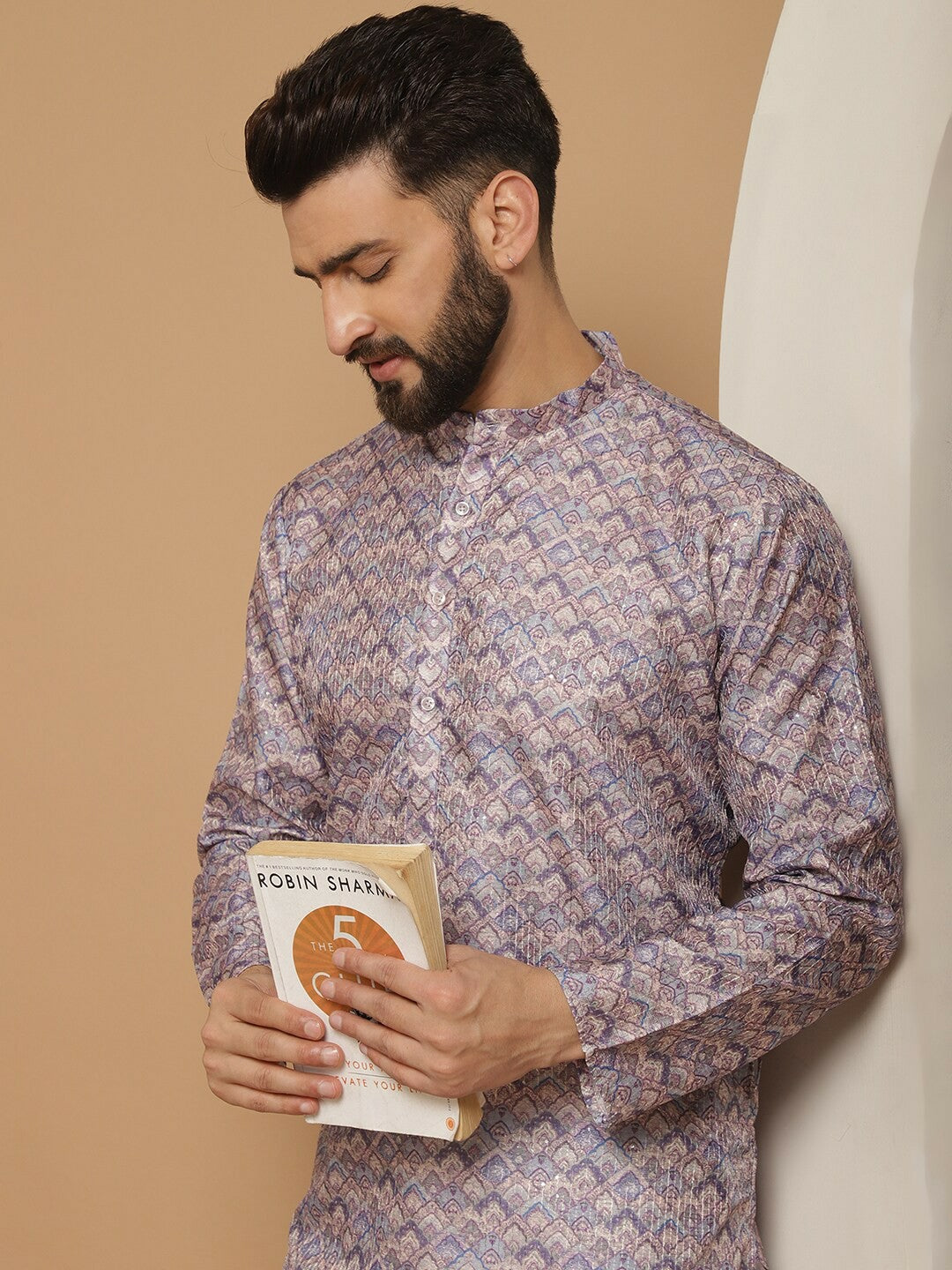 Men’s Purple Printed Kurta with Churidar