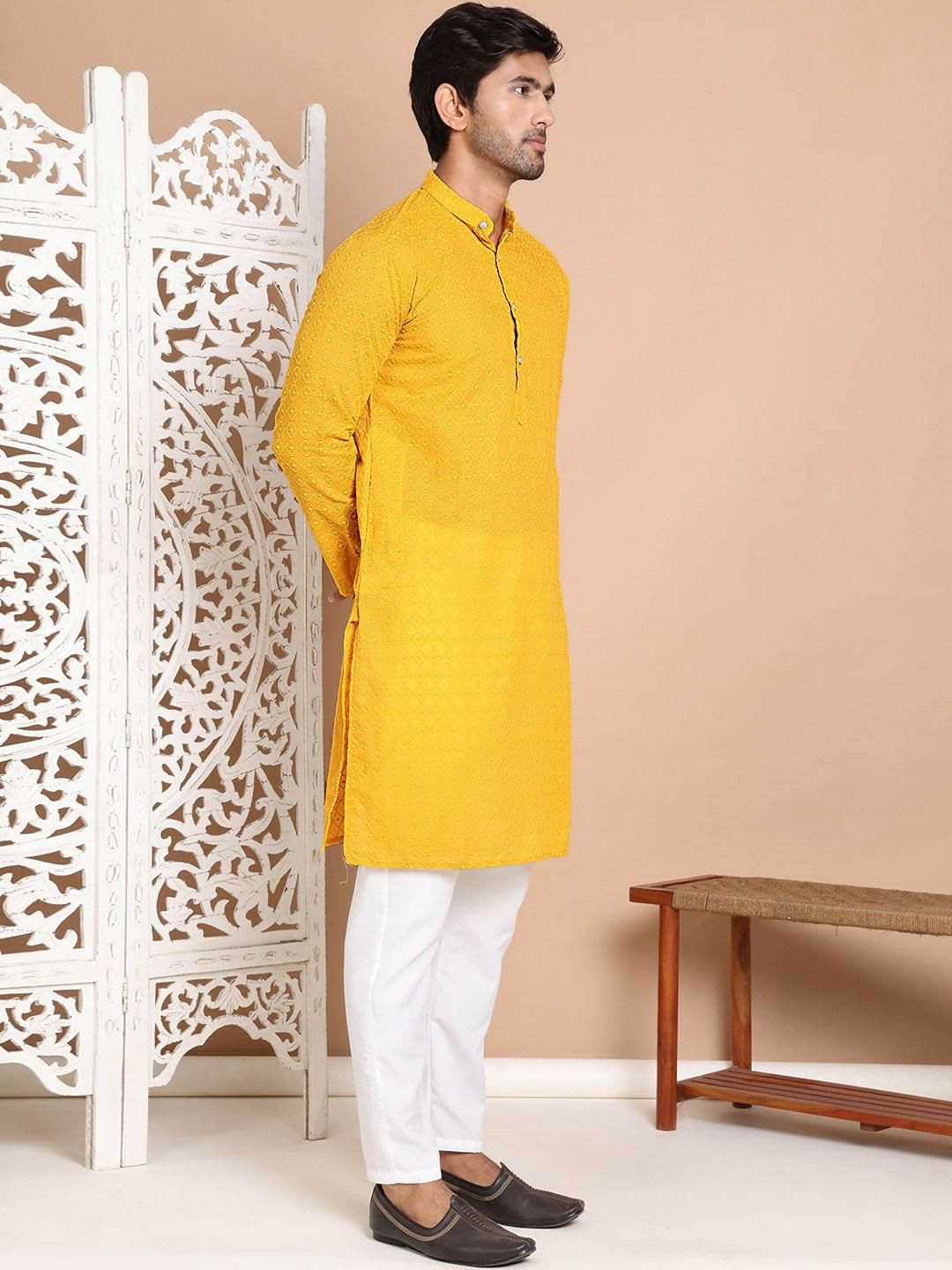 Men’s Mustard Yellow Embroidered Kurta with Pyjamas