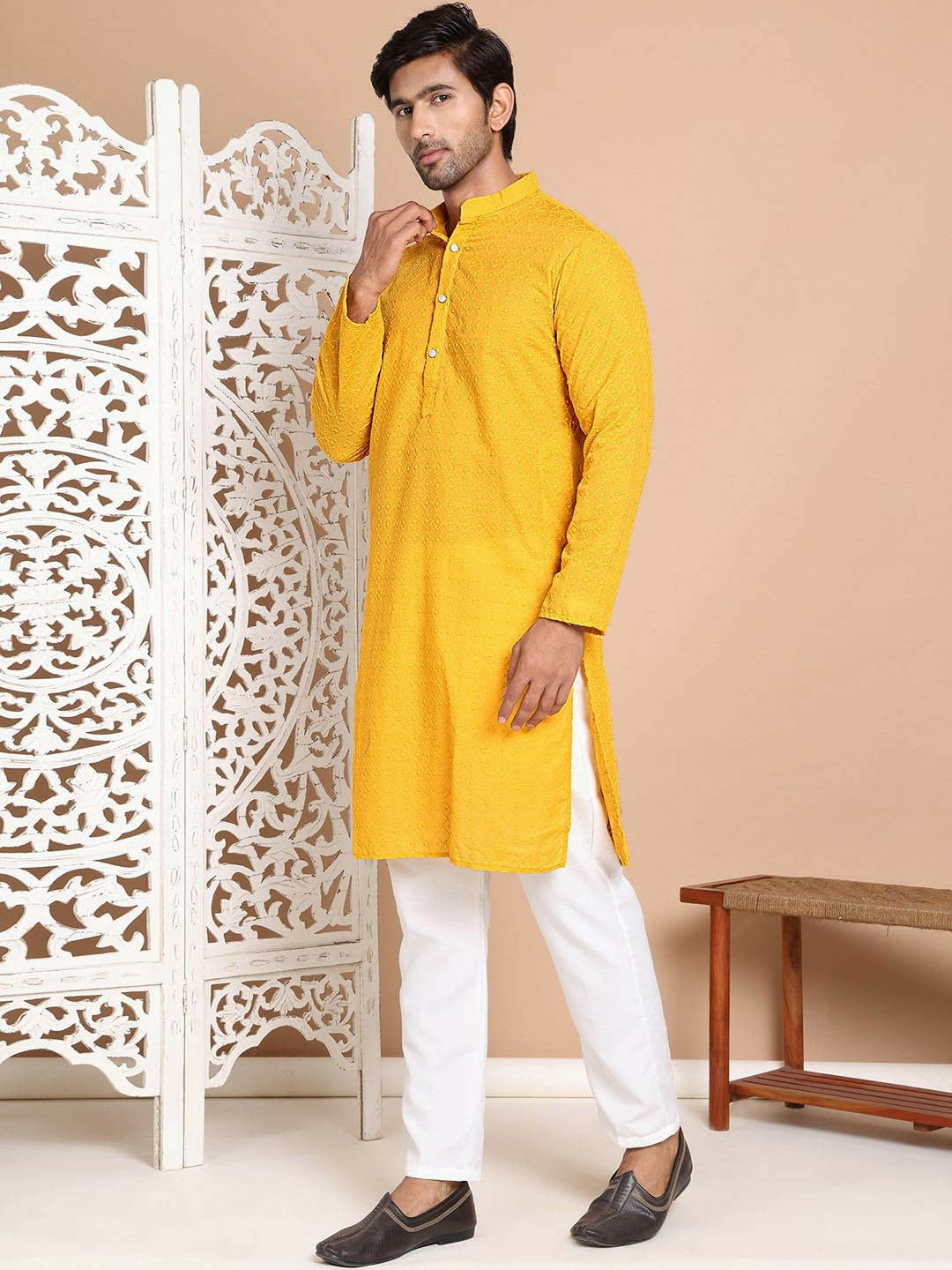 Men’s Mustard Yellow Embroidered Kurta with Pyjamas