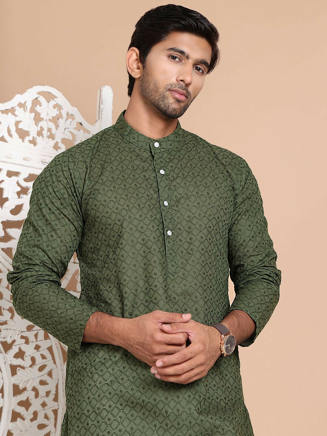 Men’s Olive Green Embroidered Kurta with Pyjamas