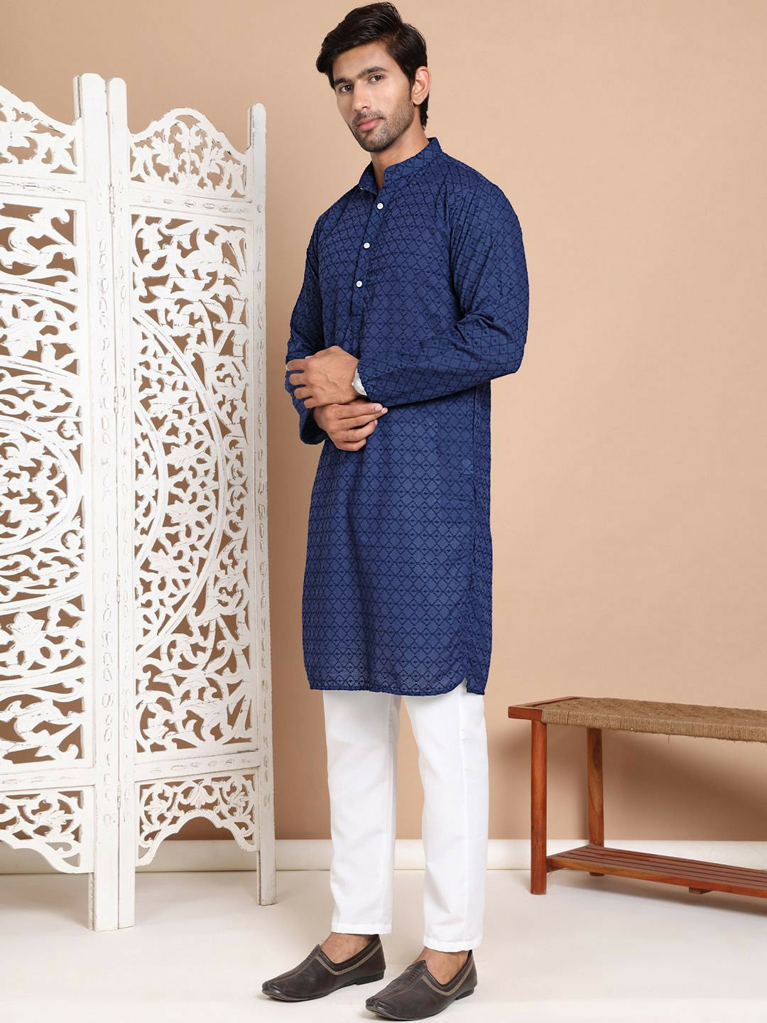 Men’s Navy Blue Embroidered Kurta with Pyjamas