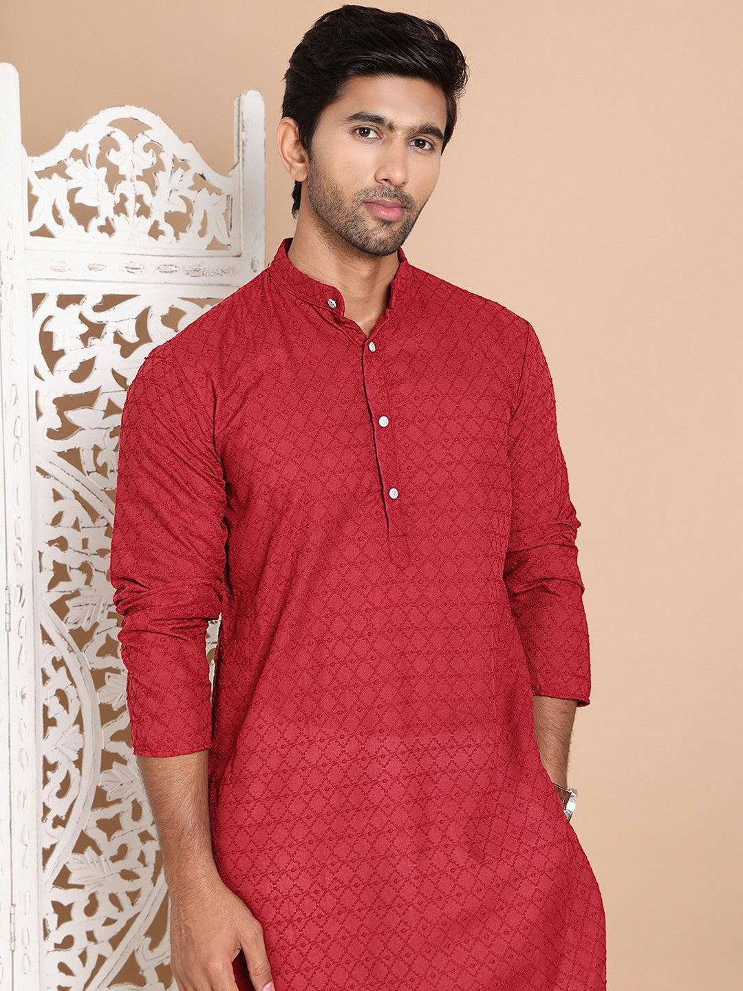 Men’s Maroon Embroidered Kurta with Pyjamas