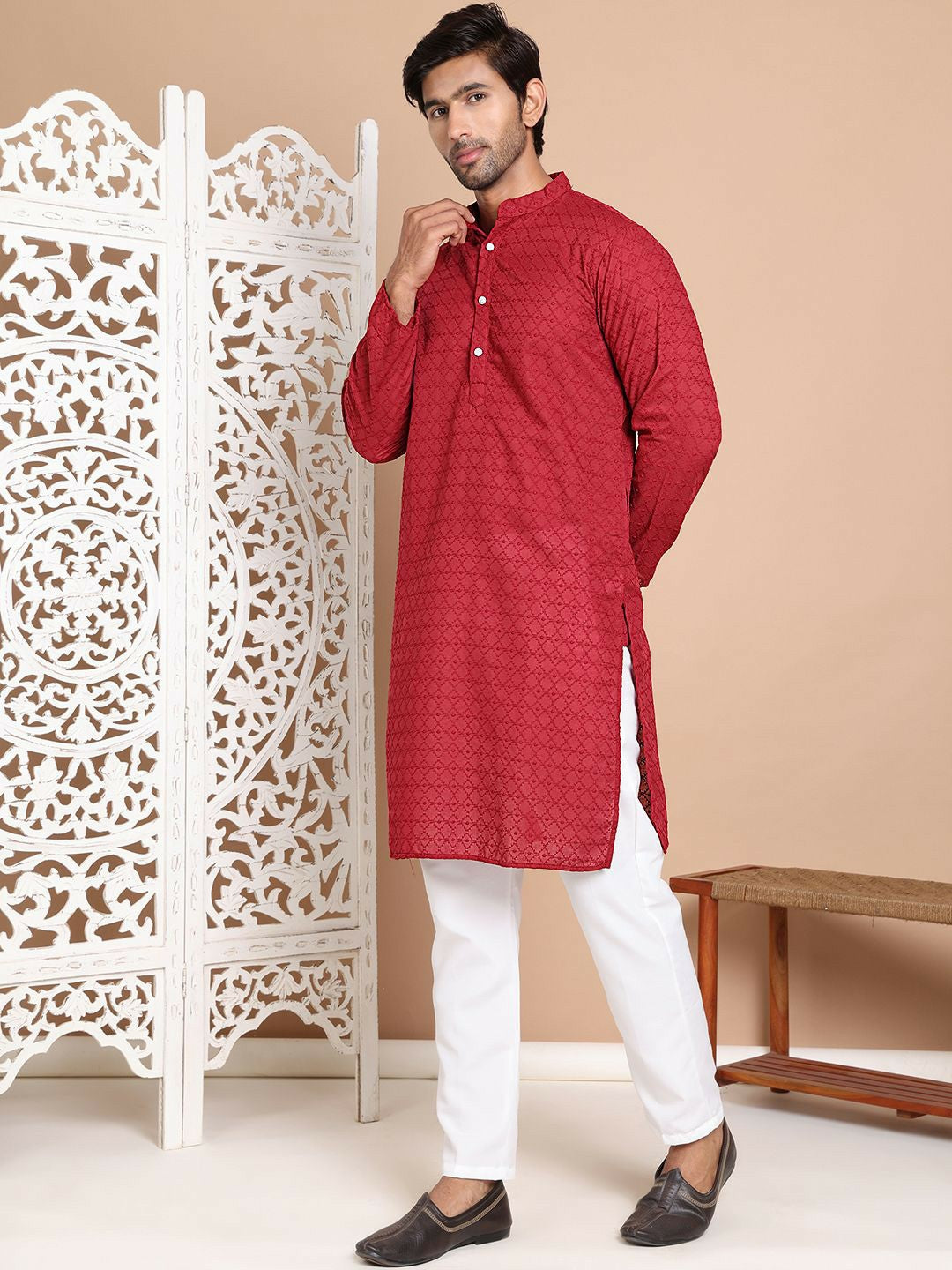 Men’s Maroon Embroidered Kurta with Pyjamas
