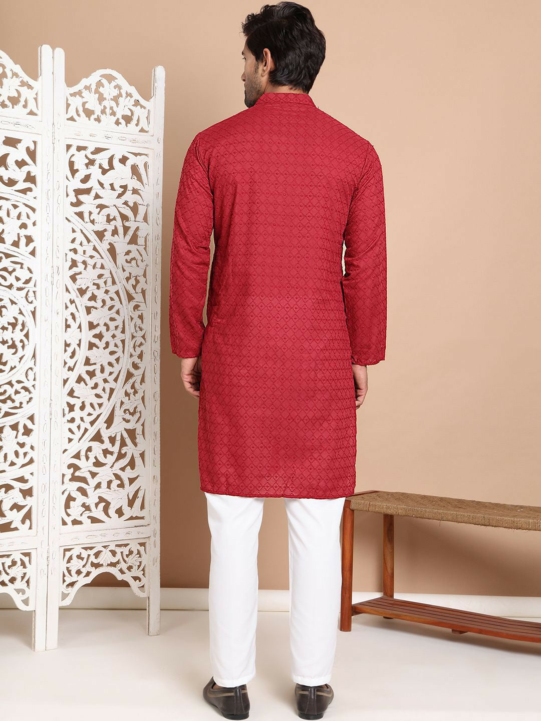 Men’s Maroon Embroidered Kurta with Pyjamas