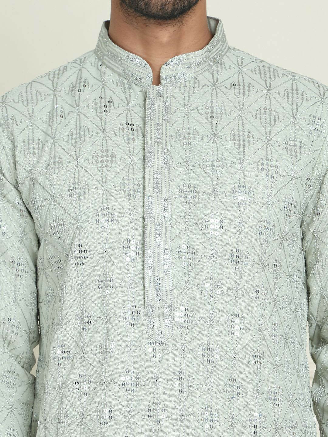 Men’s Pista Green Embroidered Kurta with White Pyjamas