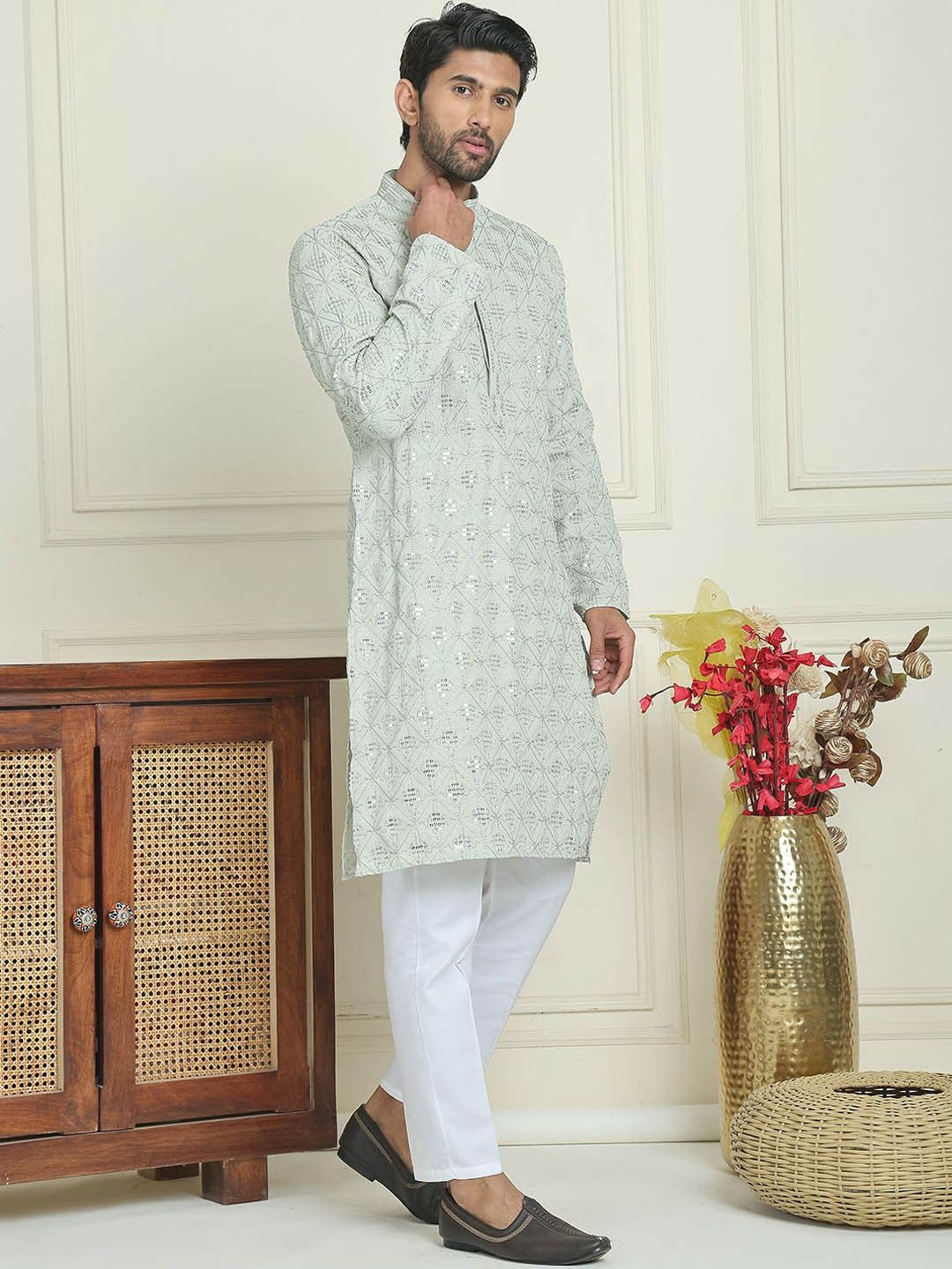 Men’s Pista Green Embroidered Kurta with White Pyjamas