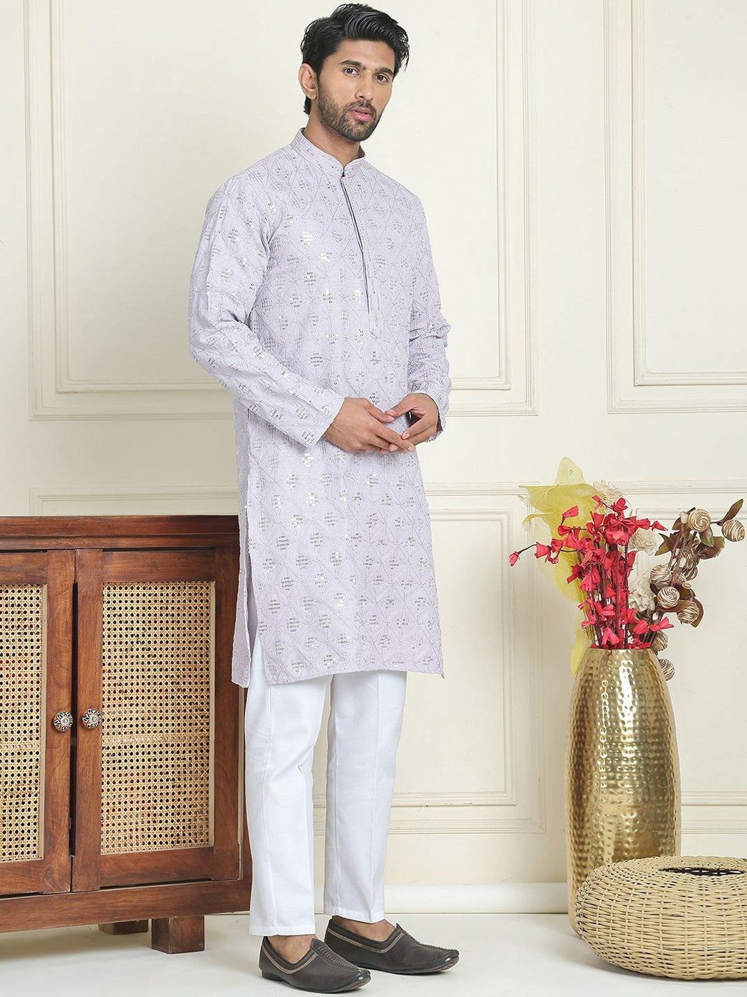Men’s Purple Embroidered Kurta with White Trousers