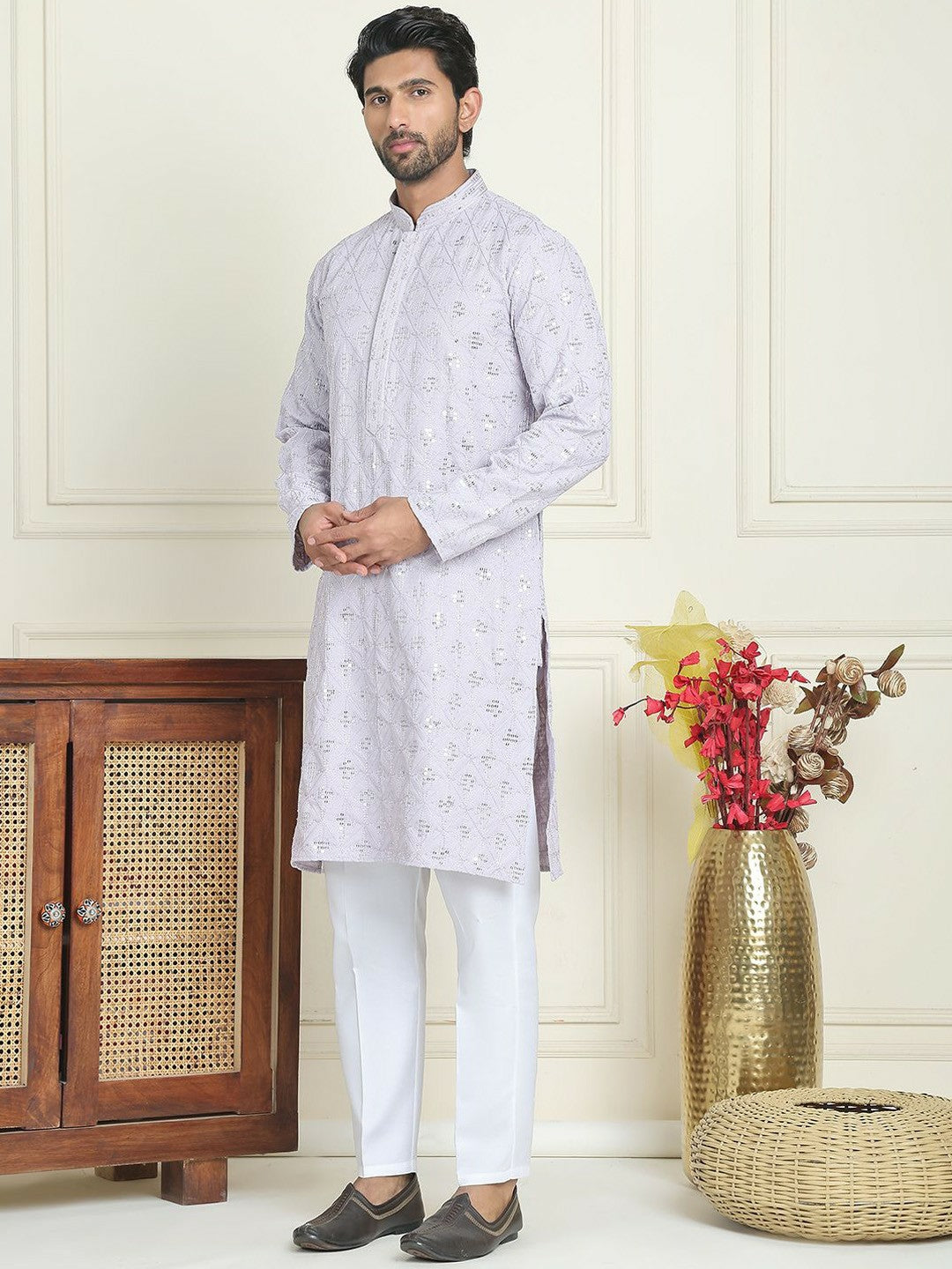 Men’s Purple Embroidered Kurta with White Trousers