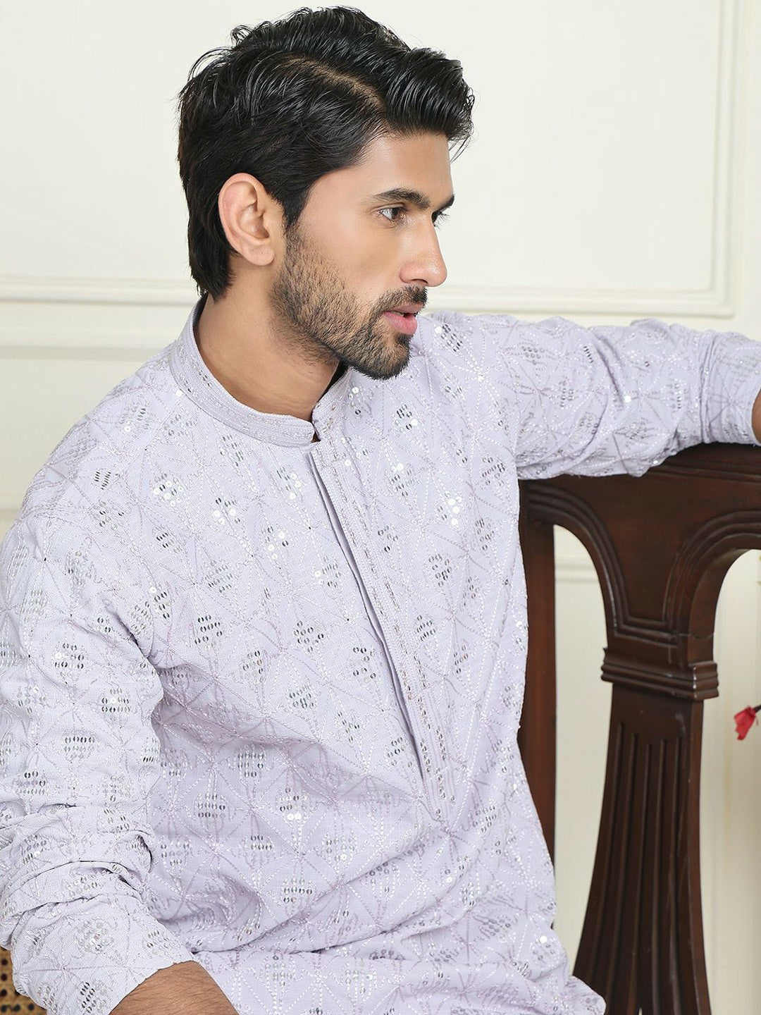 Men’s Purple Embroidered Kurta with White Trousers