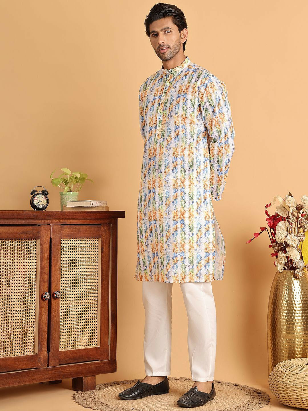 Men's White Floral Printed Kurta Set with Pyjamas – Indiaista