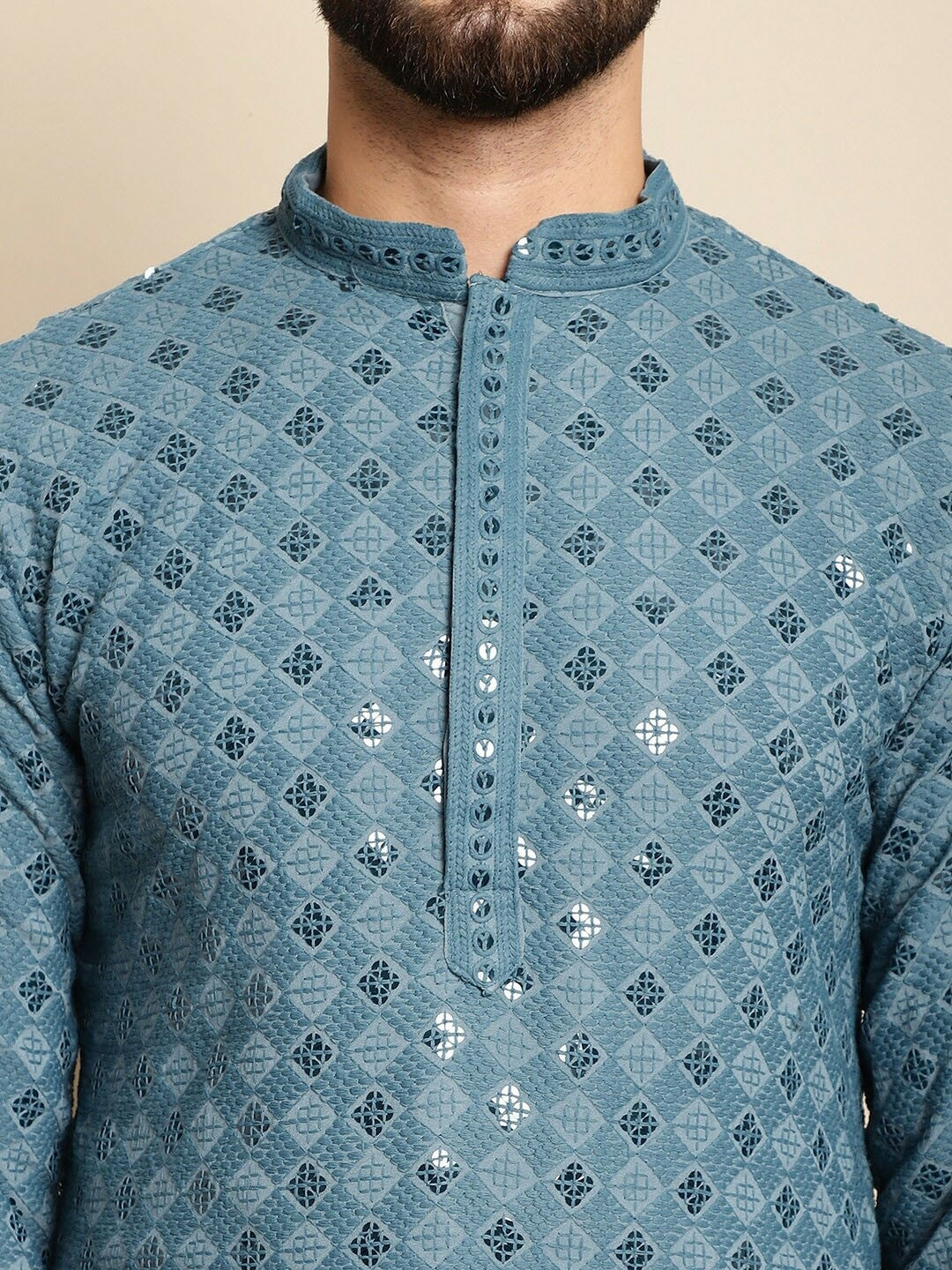 Men’s Blue Embroidered Kurta with Churidar – Thread Work Elegance