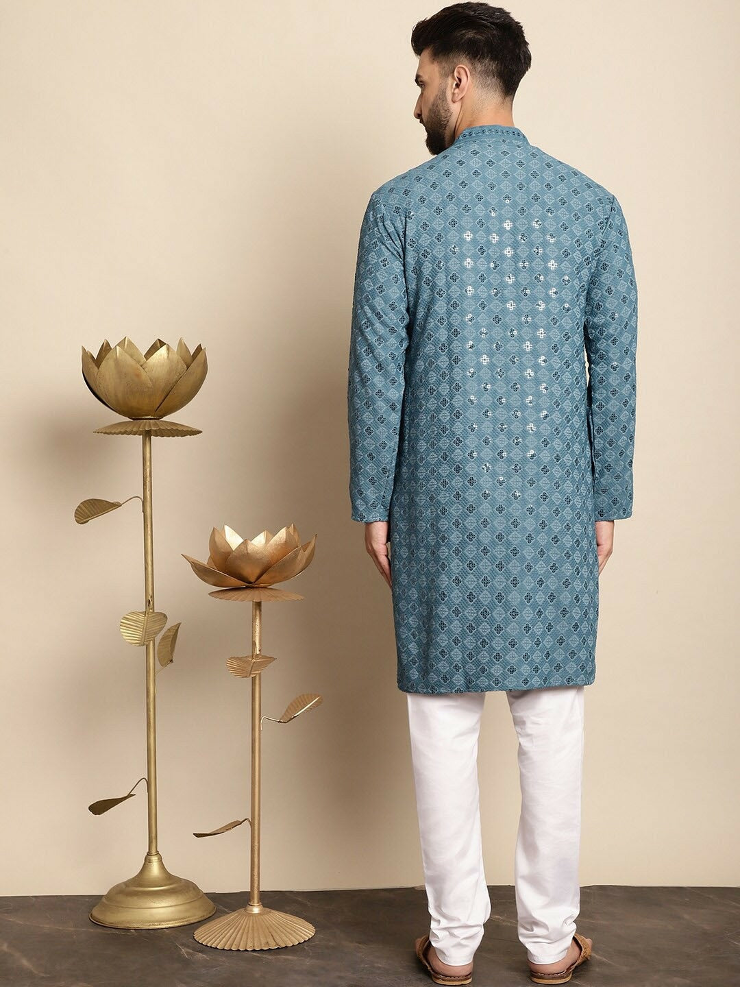 Men’s Blue Embroidered Kurta with Churidar – Thread Work Elegance