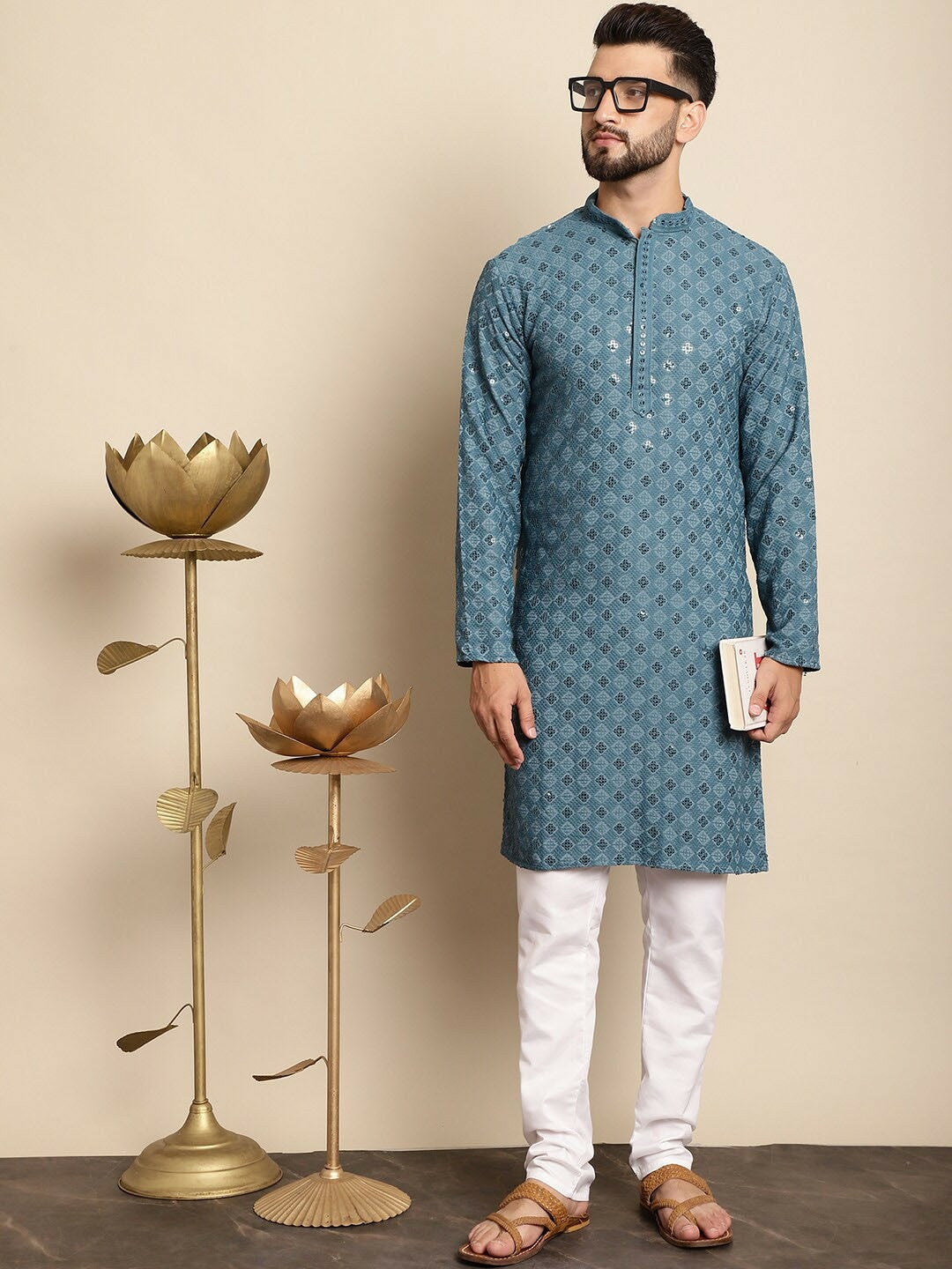 Men’s Blue Embroidered Kurta with Churidar – Thread Work Elegance