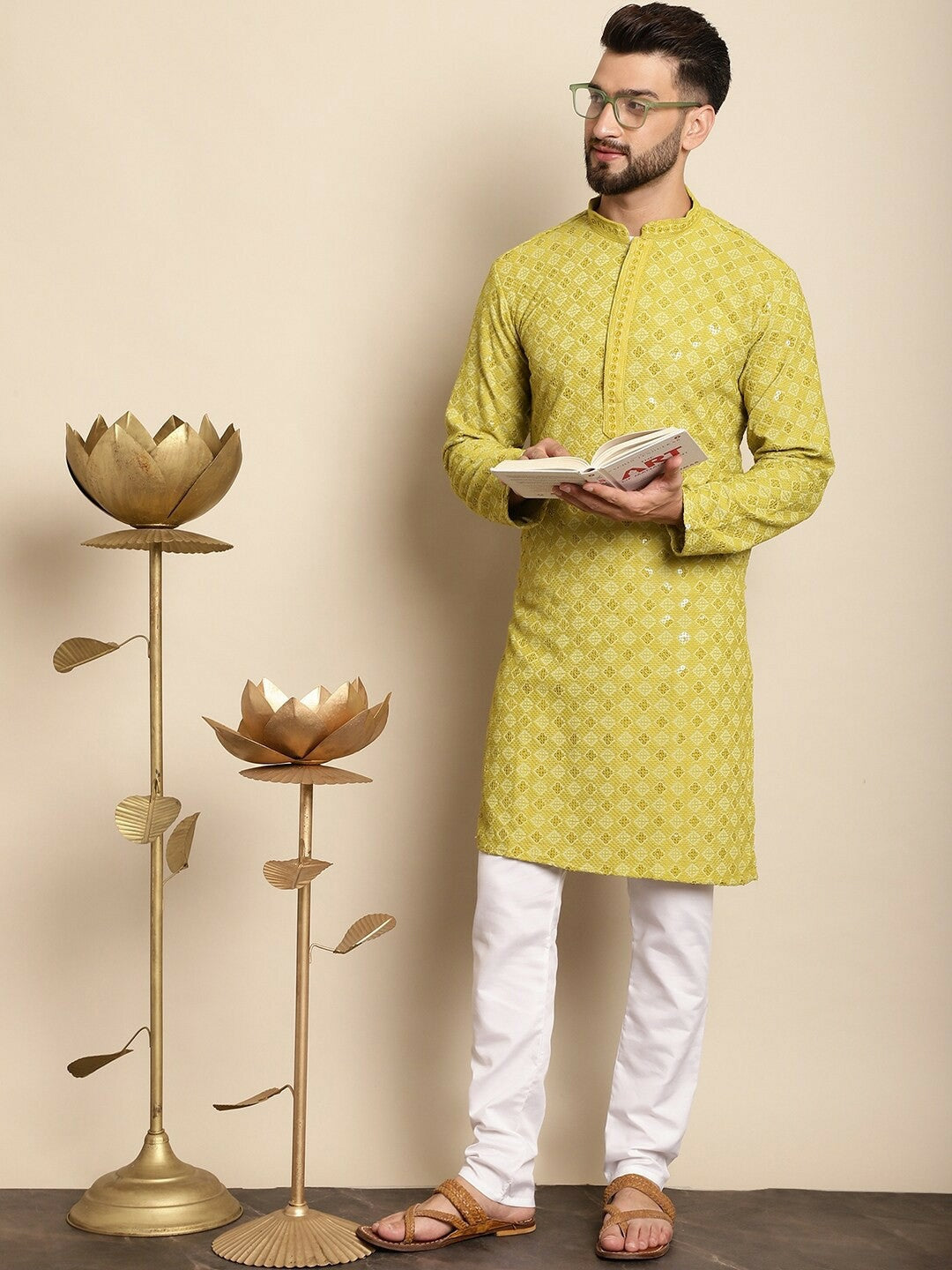 Men’s Green Embroidered Kurta with Churidar – Festive Classic
