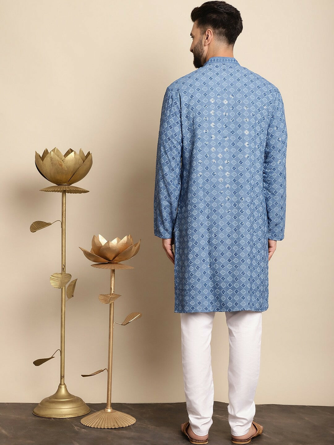 Men’s Blue Embroidered Kurta with White Churidar – Refined Ethnic Style