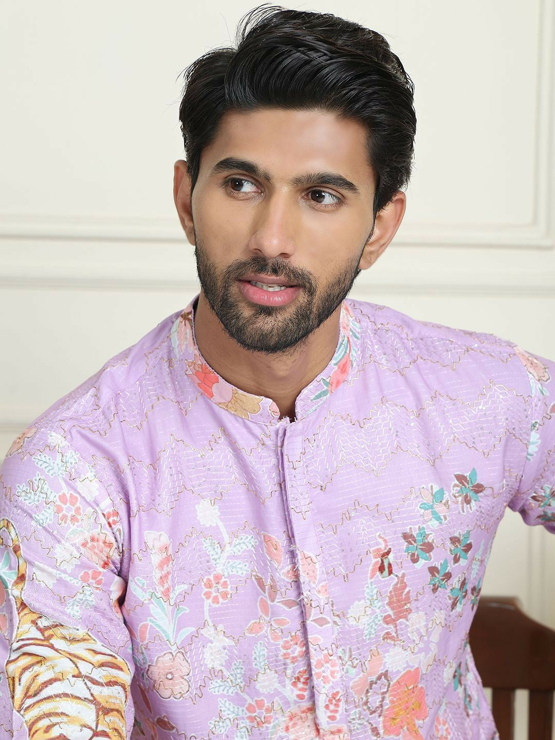 Men’s Purple Floral Kurta with White Trousers – Contemporary Festive Charm