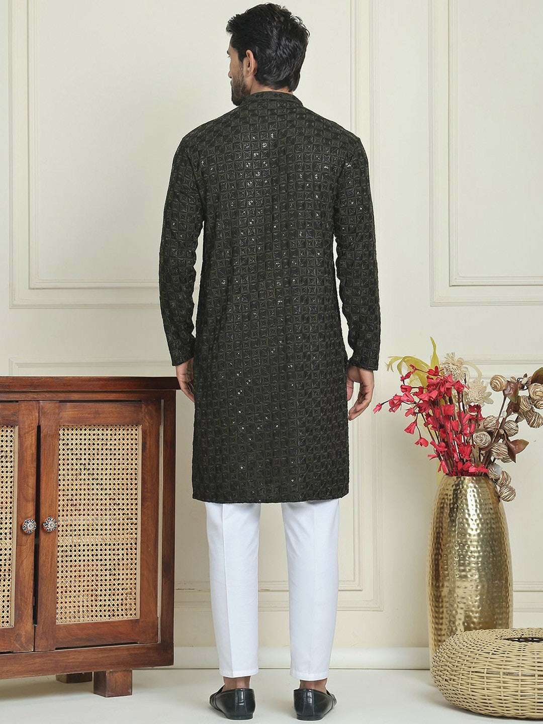 Men’s Olive Green Embroidered Kurta with White Trousers – Modern Ethnic Sophistication