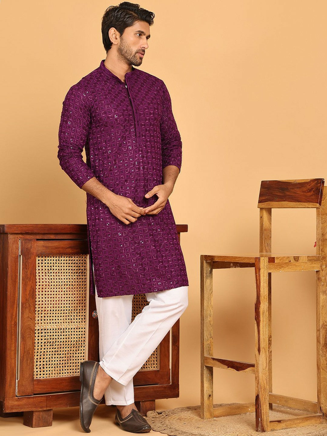 Men’s Purple Embroidered Kurta with White Trousers – Elegant Ethnic Style for Celebrations