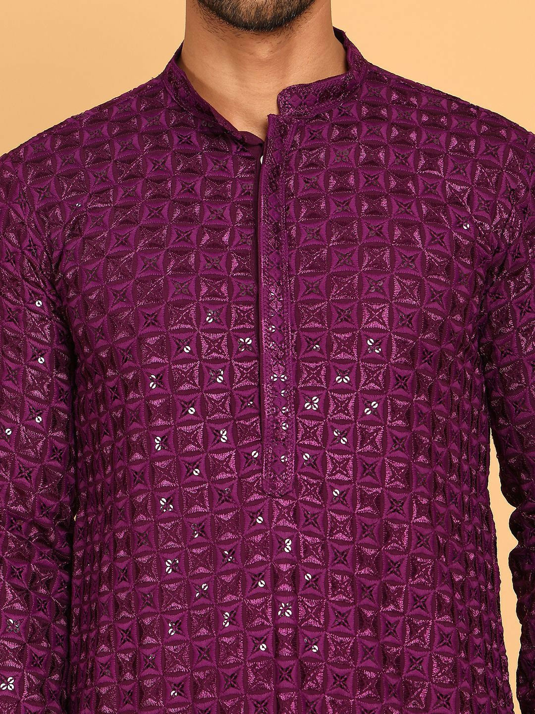 Men’s Purple Embroidered Kurta with White Trousers – Elegant Ethnic Style for Celebrations