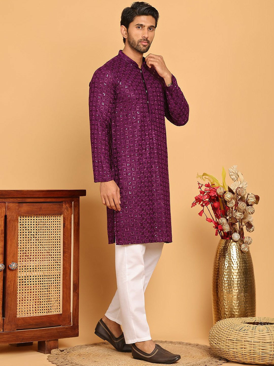 Men’s Purple Embroidered Kurta with White Trousers – Elegant Ethnic Style for Celebrations