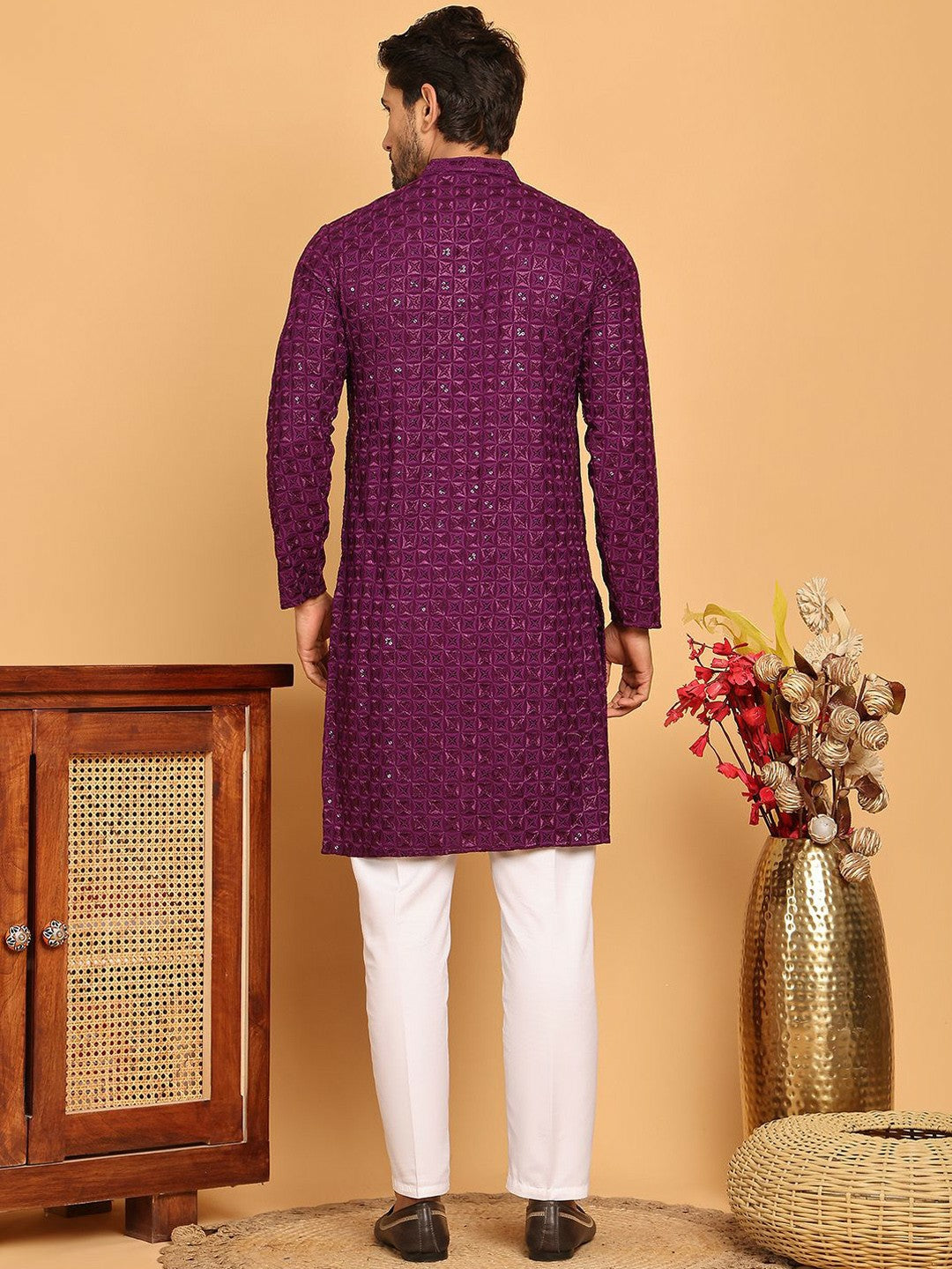 Men’s Purple Embroidered Kurta with White Trousers – Elegant Ethnic Style for Celebrations
