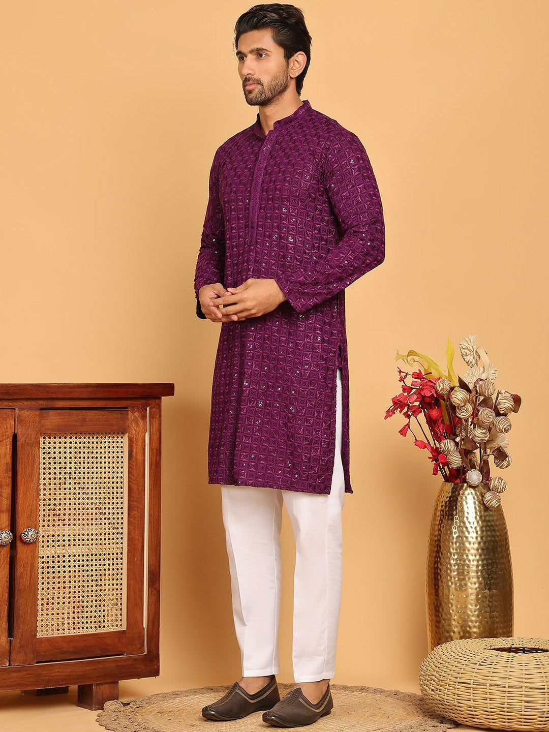 Men’s Purple Embroidered Kurta with White Trousers – Elegant Ethnic Style for Celebrations