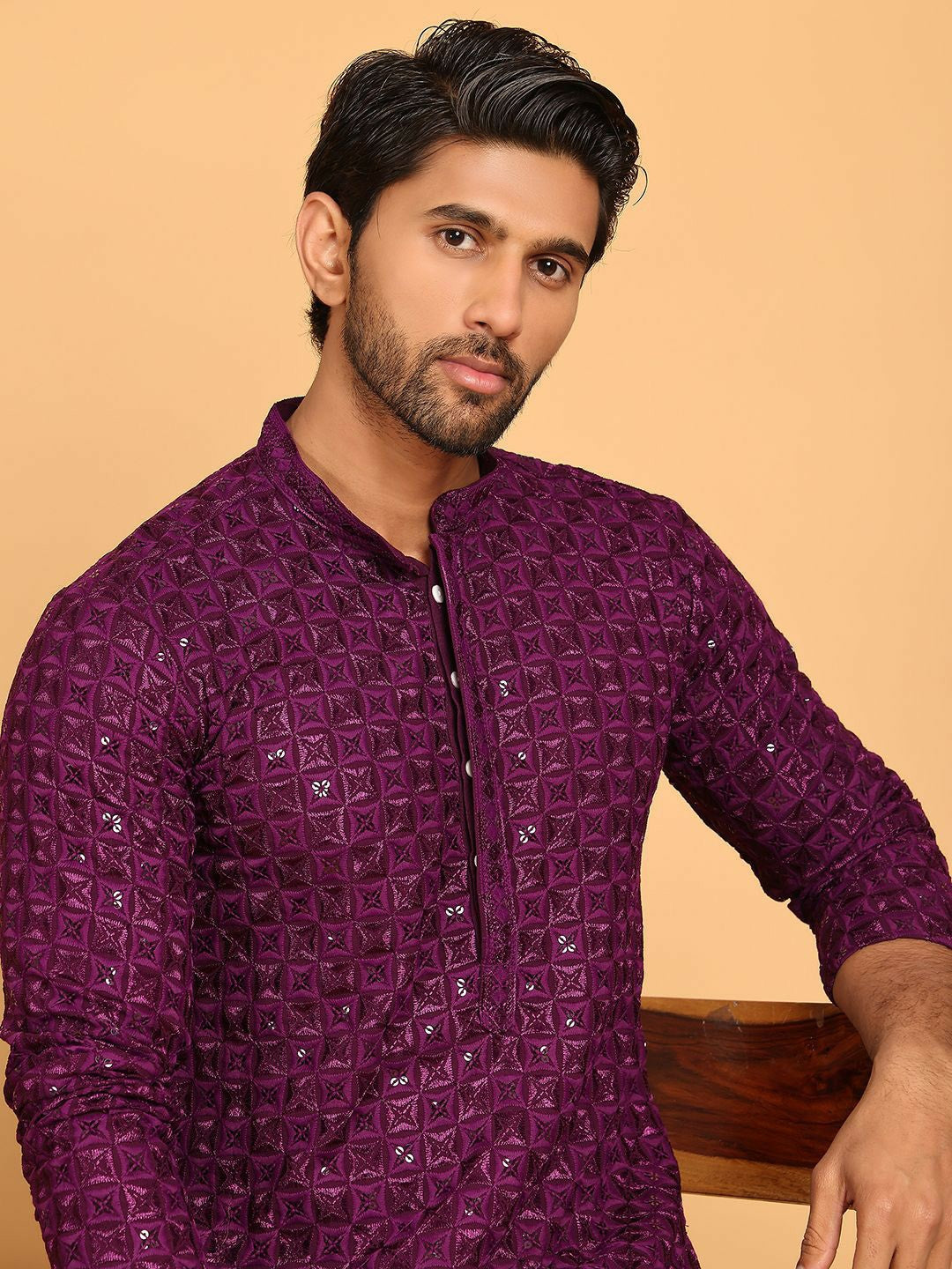 Men’s Purple Embroidered Kurta with White Trousers – Elegant Ethnic Style for Celebrations