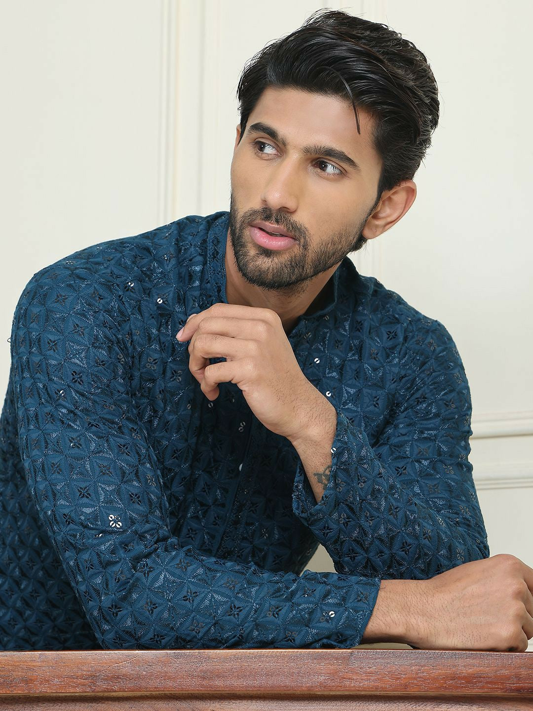 Men’s Teal Blue Embroidered Kurta with Trousers – Refined Festive Flair in Silver Accents