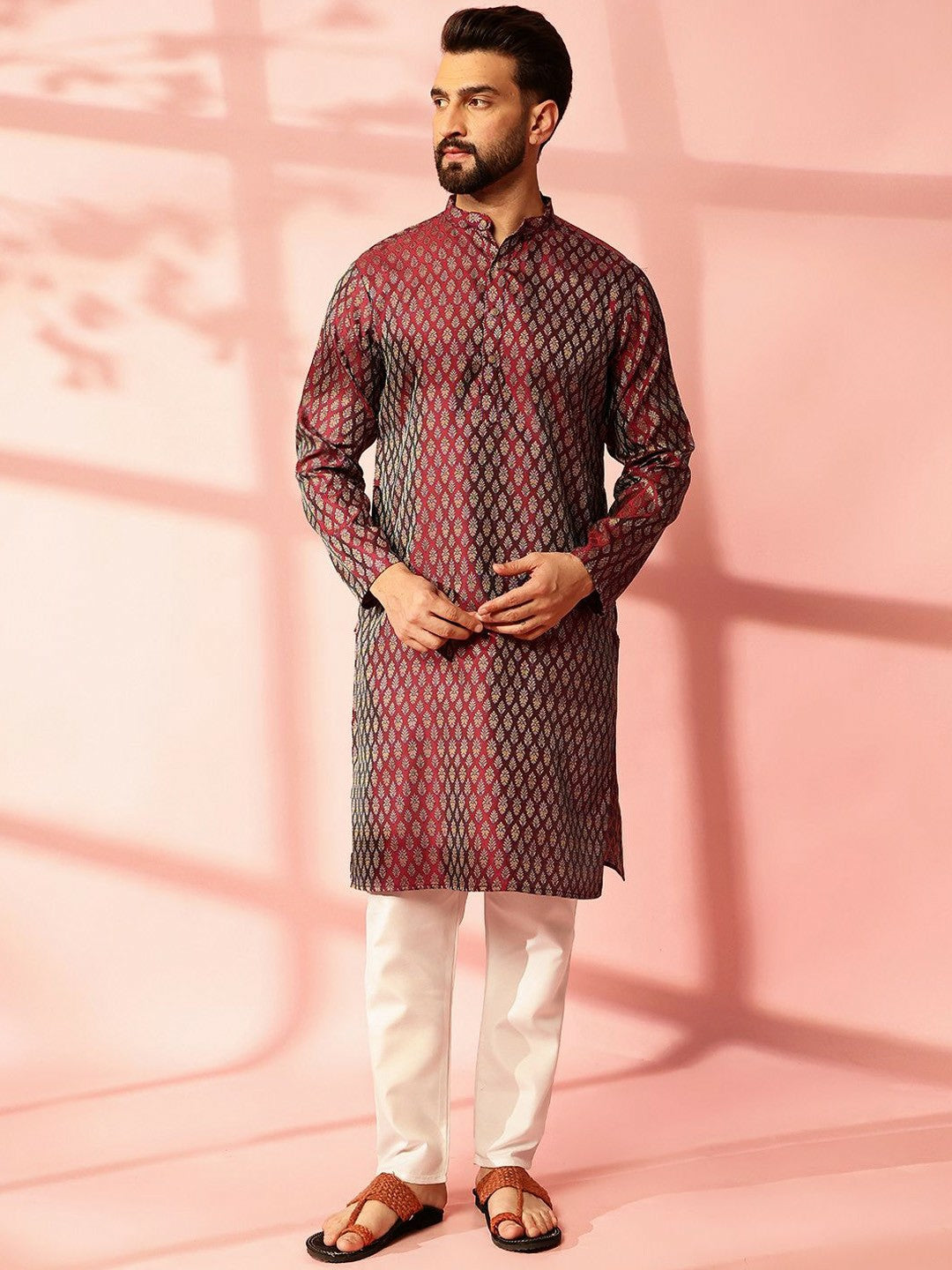 Men’s Maroon Woven Kurta with Pyjamas – Timeless Style for Festive Occasions