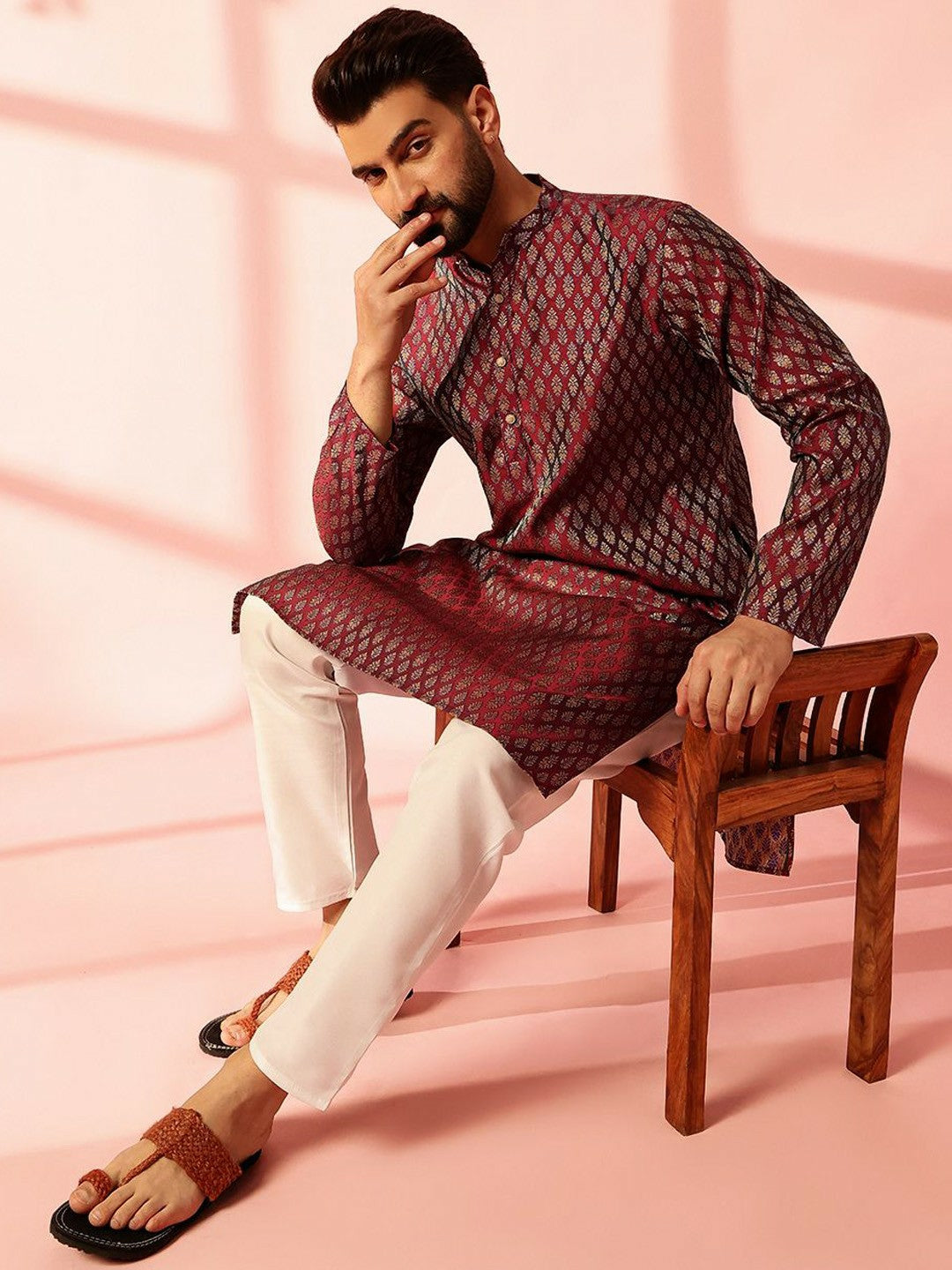 Men’s Maroon Woven Kurta with Pyjamas – Timeless Style for Festive Occasions