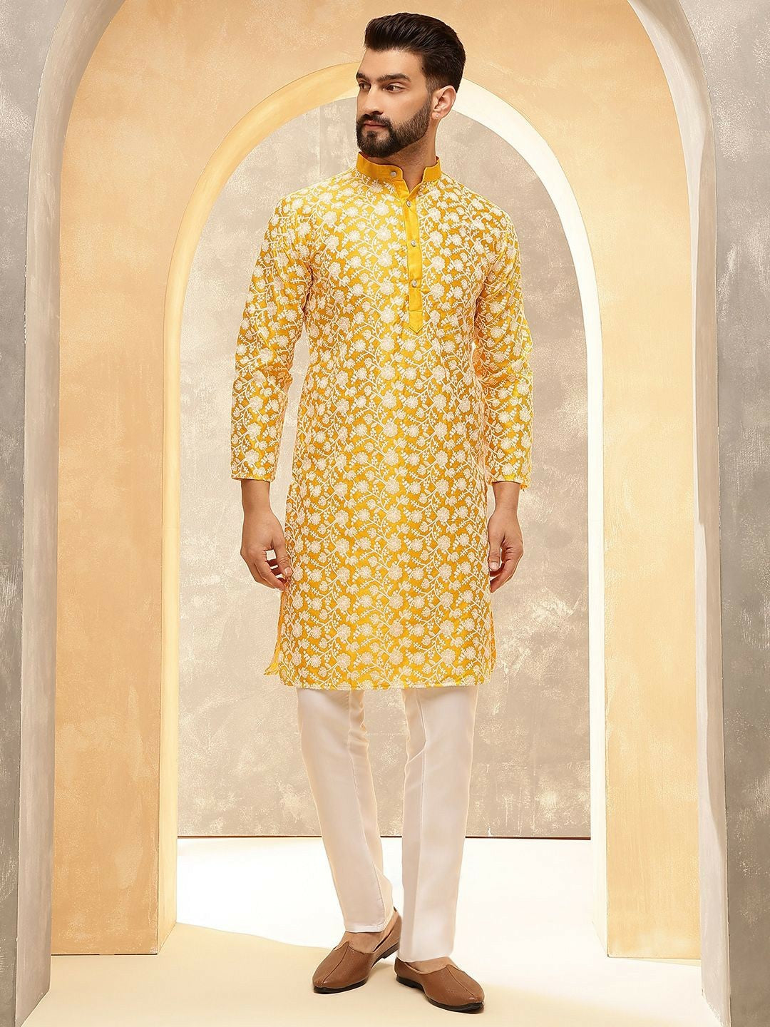 Men’s Mustard Floral Embroidered Kurta with Pyjamas – Radiate Festive Elegance