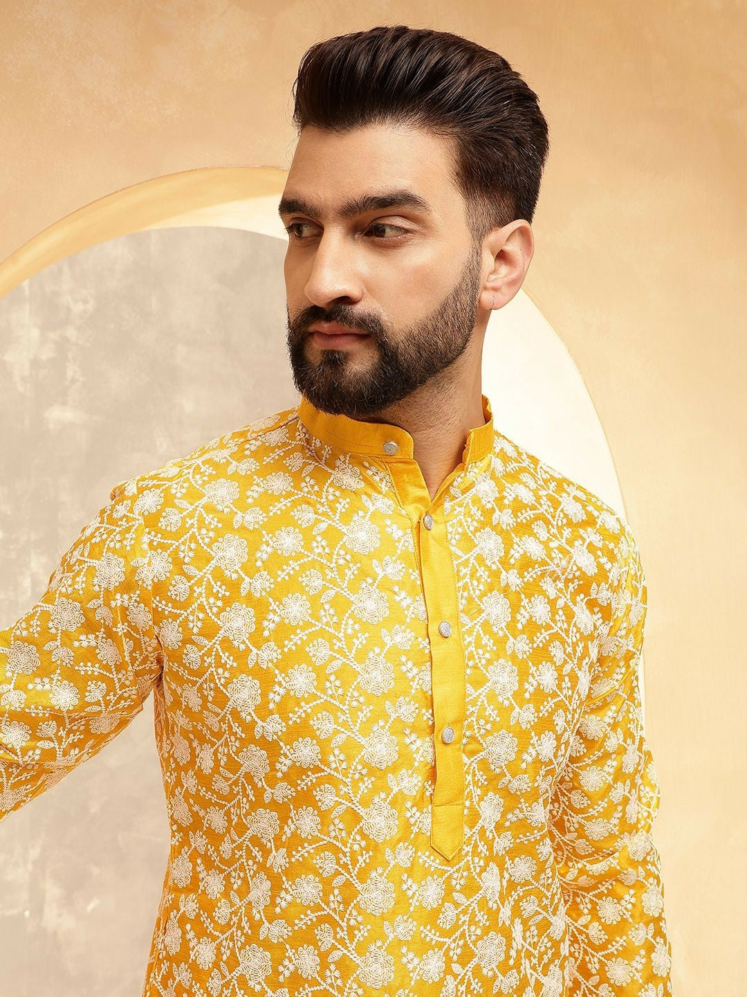 Men’s Mustard Floral Embroidered Kurta with Pyjamas – Radiate Festive Elegance