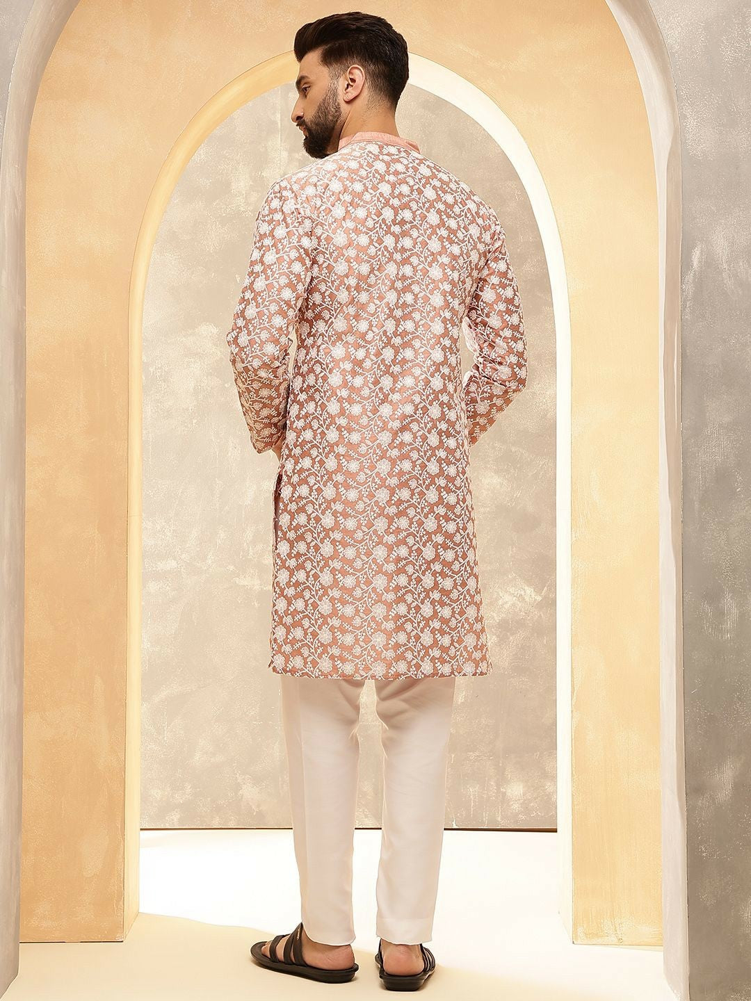 Men’s Peach Floral Embroidered Kurta with White Pyjamas – Soft Elegance for Festive Days