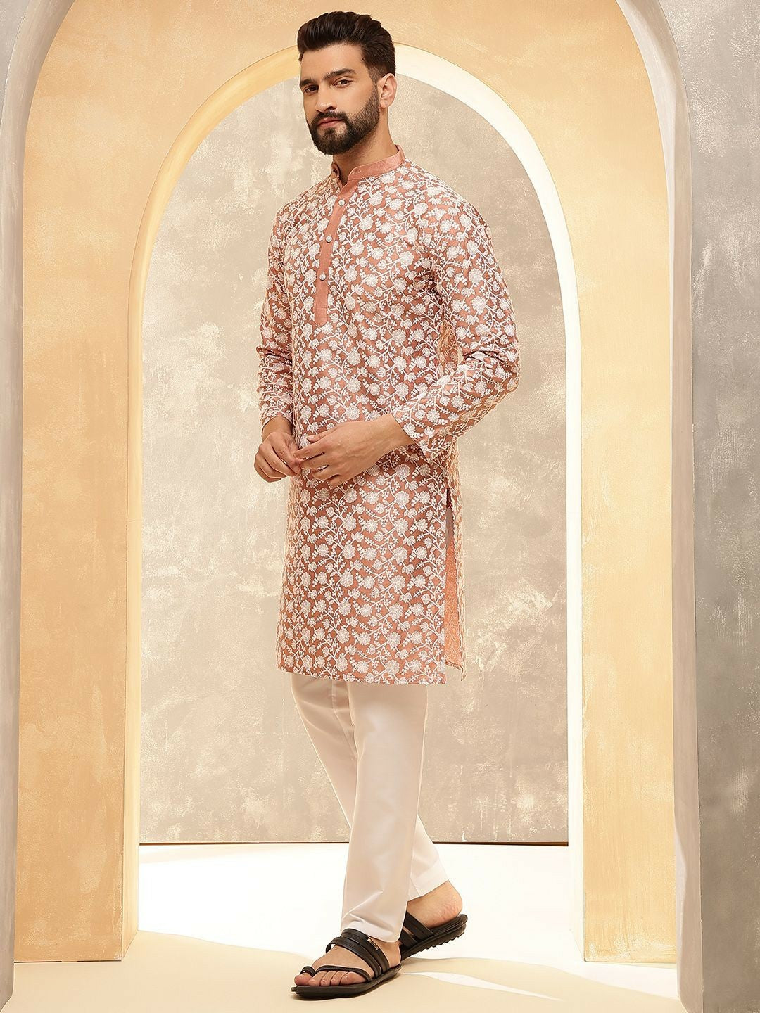 Men’s Peach Floral Embroidered Kurta with White Pyjamas – Soft Elegance for Festive Days