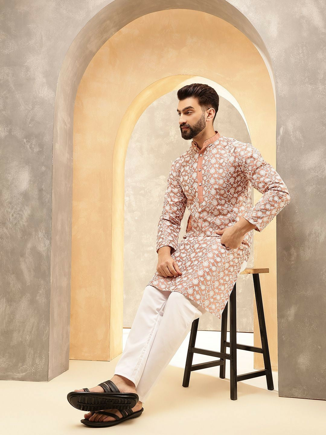 Men’s Peach Floral Embroidered Kurta with White Pyjamas – Soft Elegance for Festive Days
