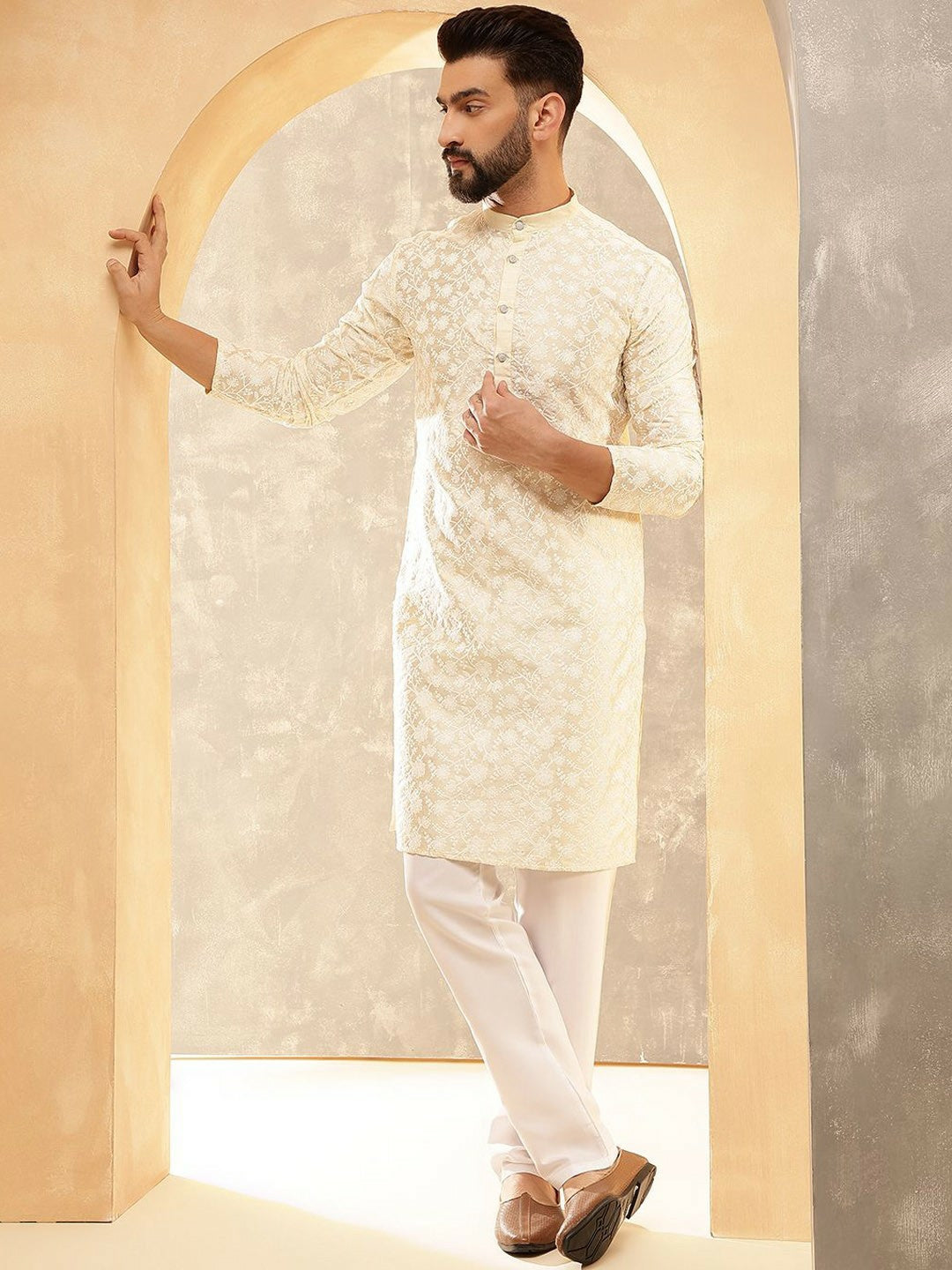 Men’s Cream Floral Embroidered Kurta with White Trousers – Understated Festive Charm